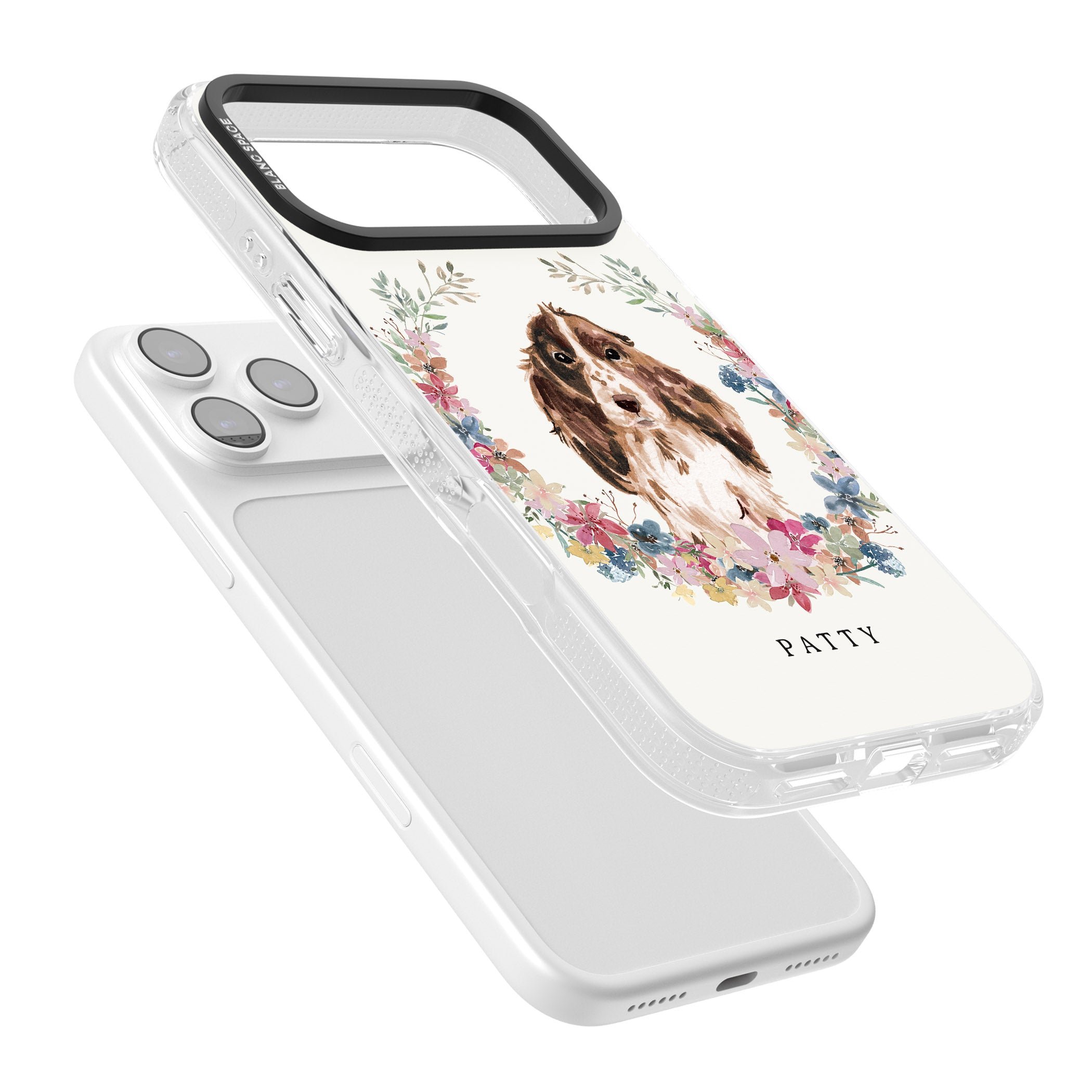 Personalised Cocker Spaniel Floral Portrait iPhone 17 Pro Max Impact Air Clear Phone Case Colours