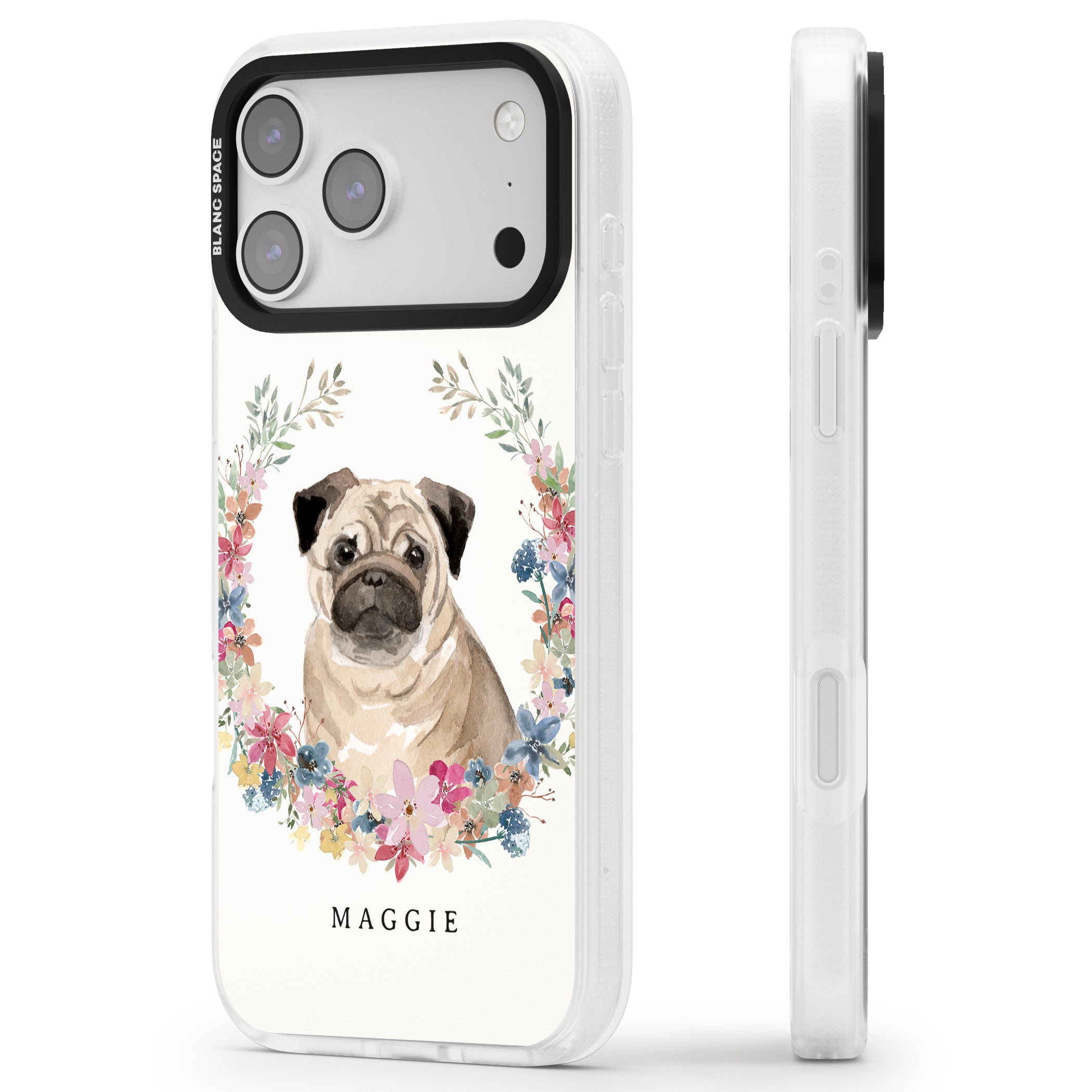 Personalised Pug Floral Portrait iPhone 17 Pro Max Impact Air Clear Phone Case Side Profile