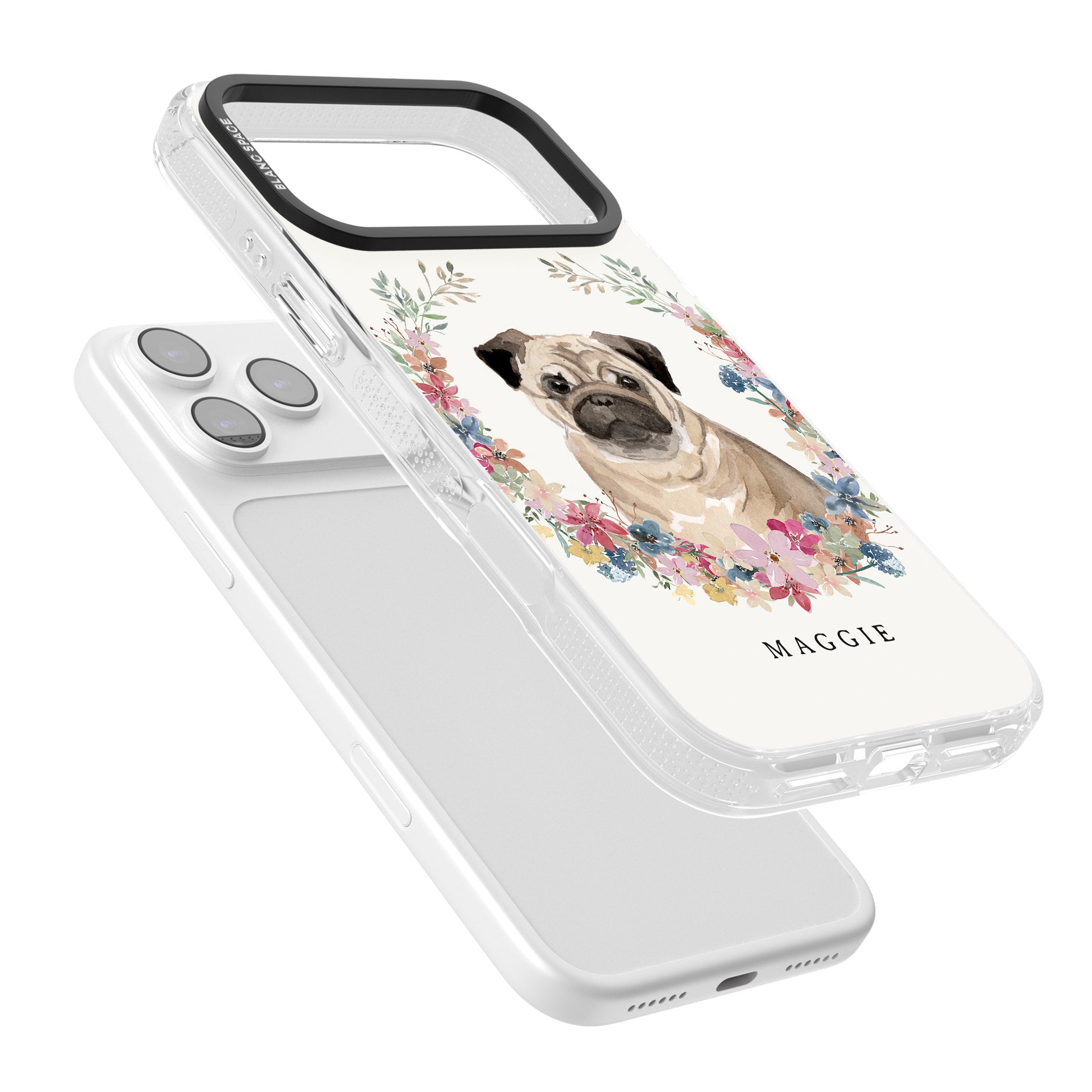 Personalised Pug Floral Portrait iPhone 17 Pro Max Impact Air Clear Phone Case Colours