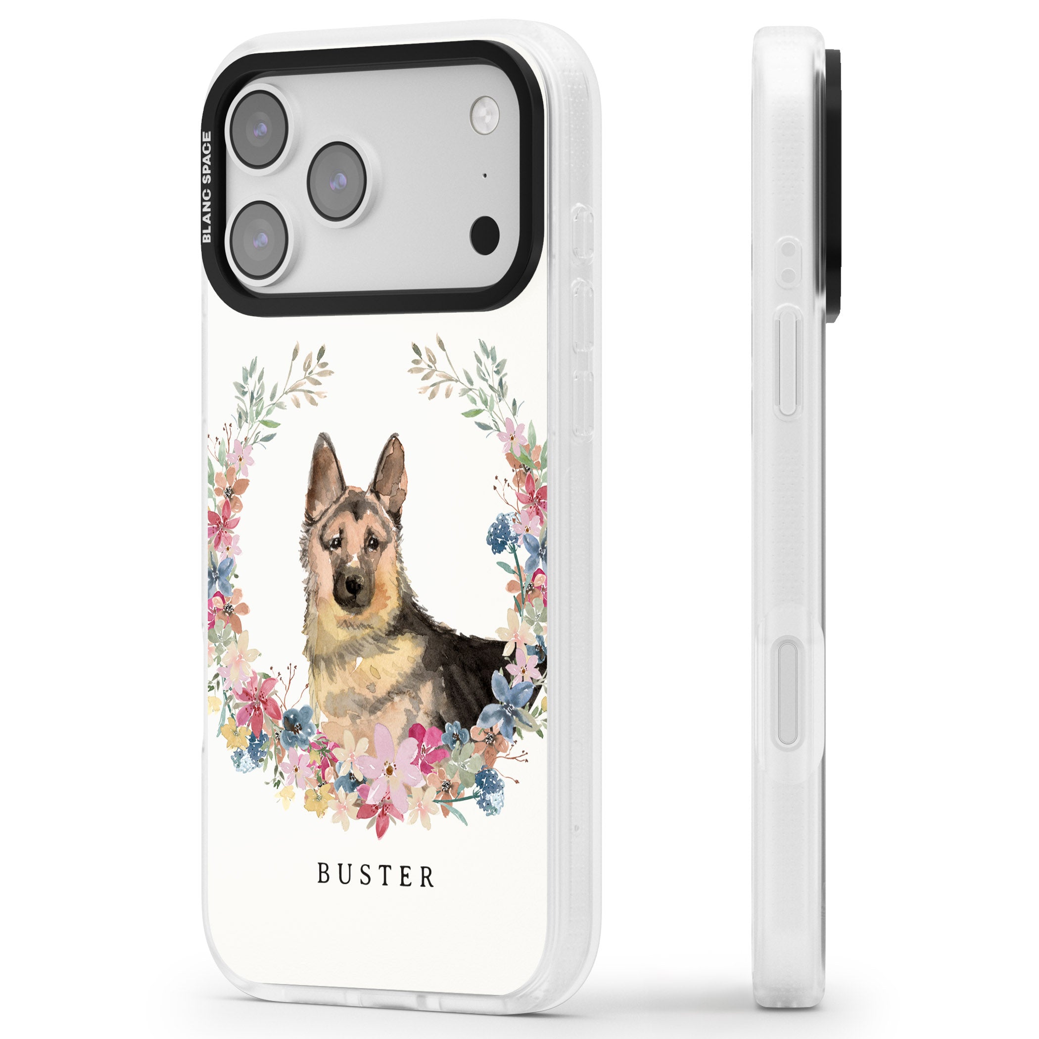 Personalised German Shepherd Floral Portrait iPhone 17 Pro Max Impact Air Clear Phone Case Side Profile