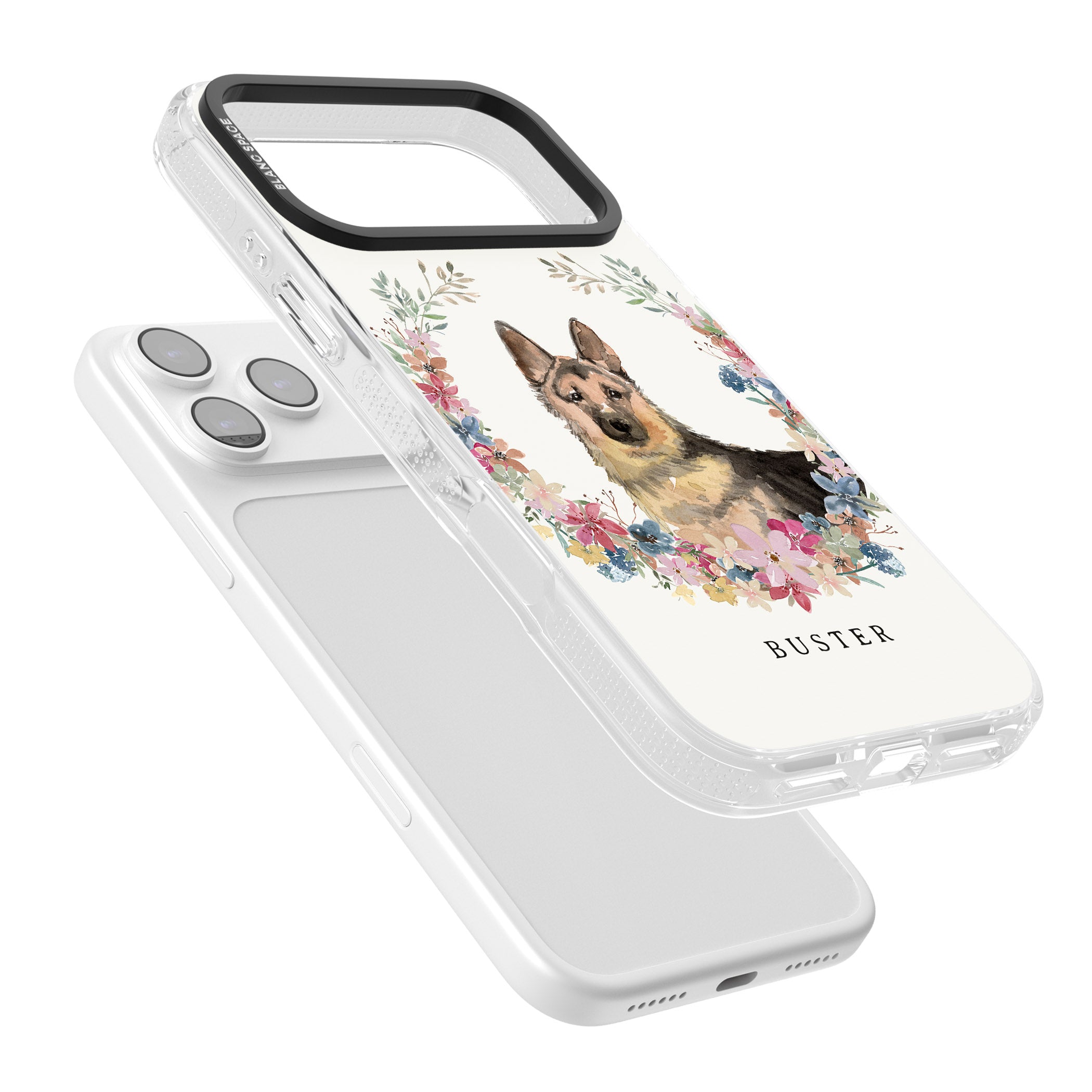 Personalised German Shepherd Floral Portrait iPhone 17 Pro Max Impact Air Clear Phone Case Colours