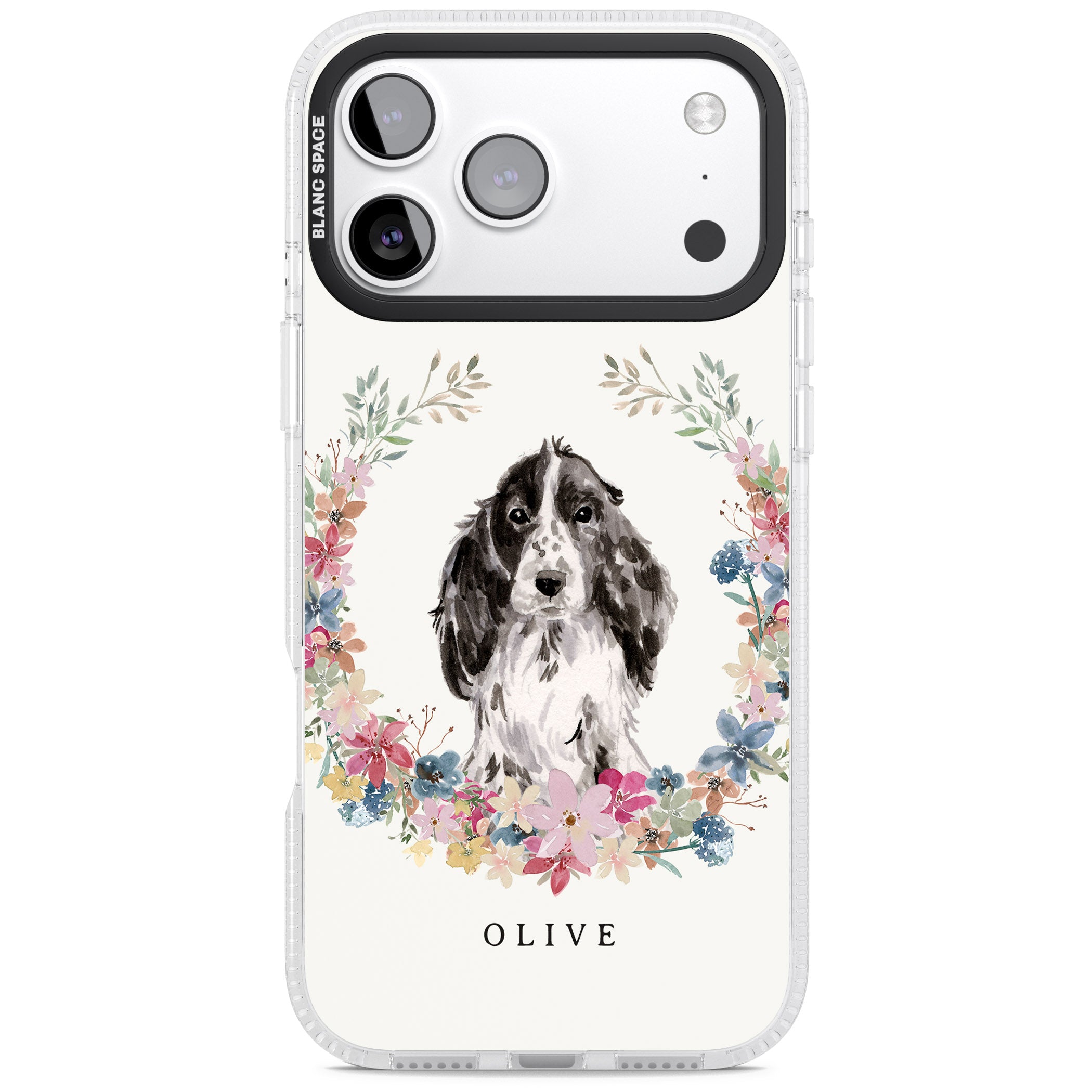 Personalised Black Cocker Spaniel Floral Portrait iPhone 17 Pro Impact Air Clear Phone Case