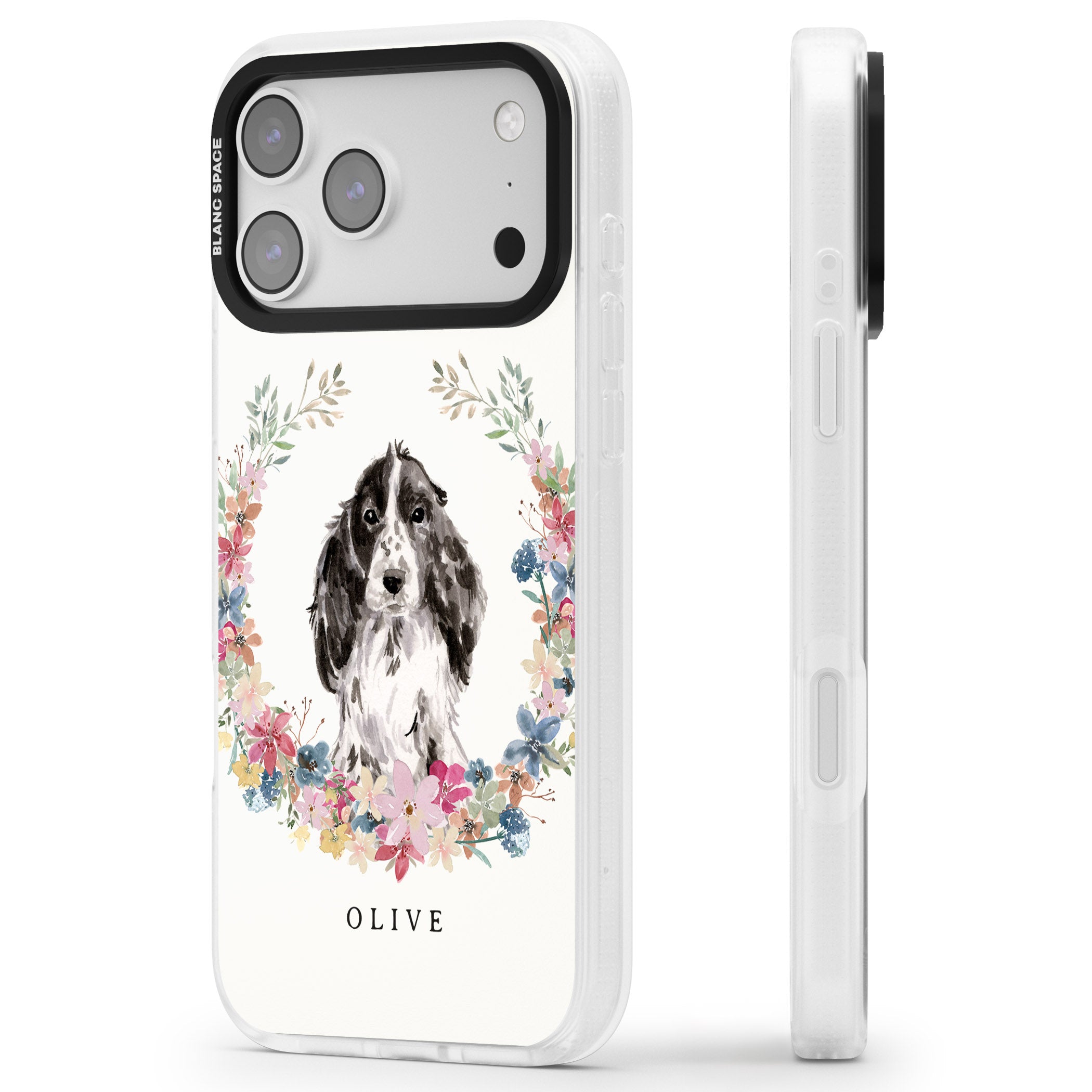 Personalised Black Cocker Spaniel Floral Portrait iPhone 17 Pro Impact Air Clear Phone Case Side Profile