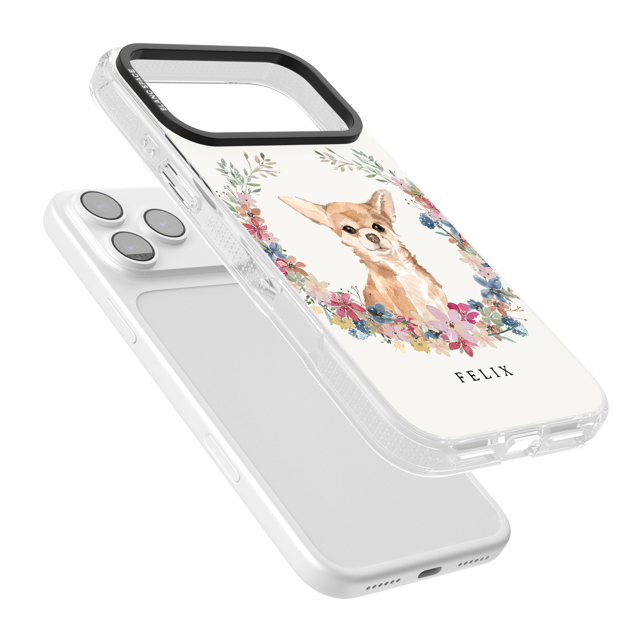 Personalised Chihuahua Floral Portrait iPhone 17 Pro Impact Air Clear Phone Case Colours