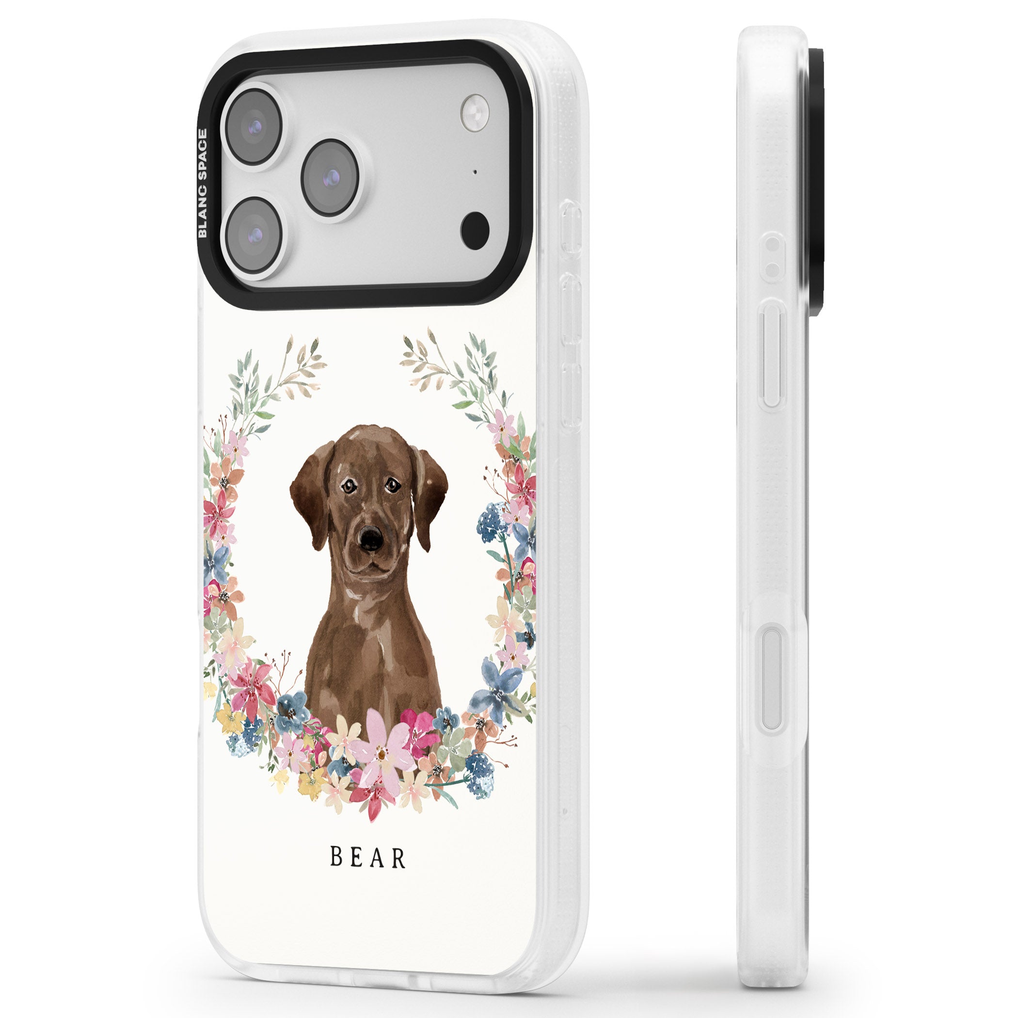Personalised Chocolate Labrador Floral Portrait iPhone 17 Pro Max Impact Air Clear Phone Case Side Profile