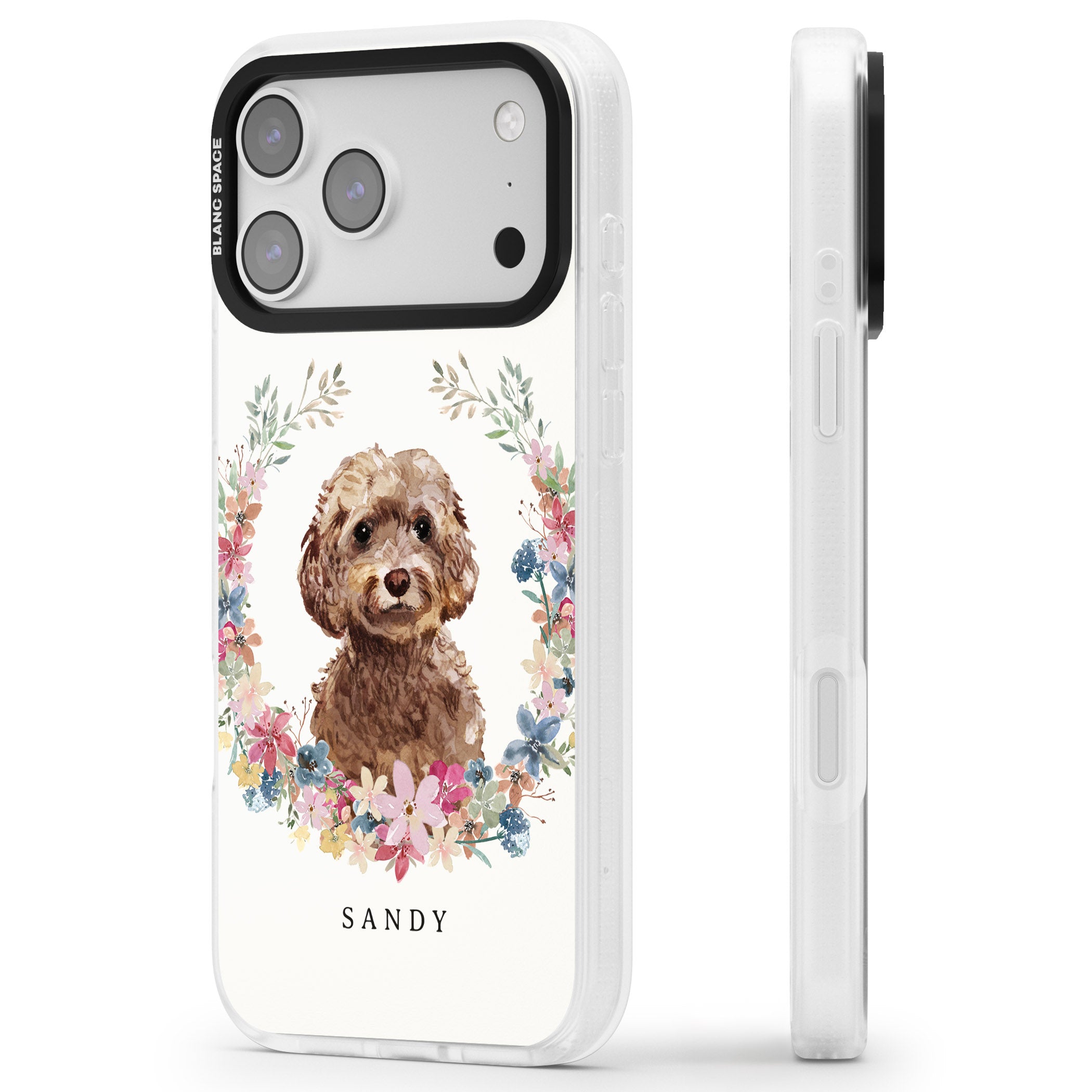 Personalised Brown Cockapoo Floral Portrait iPhone 17 Pro Impact Air Clear Phone Case Side Profile