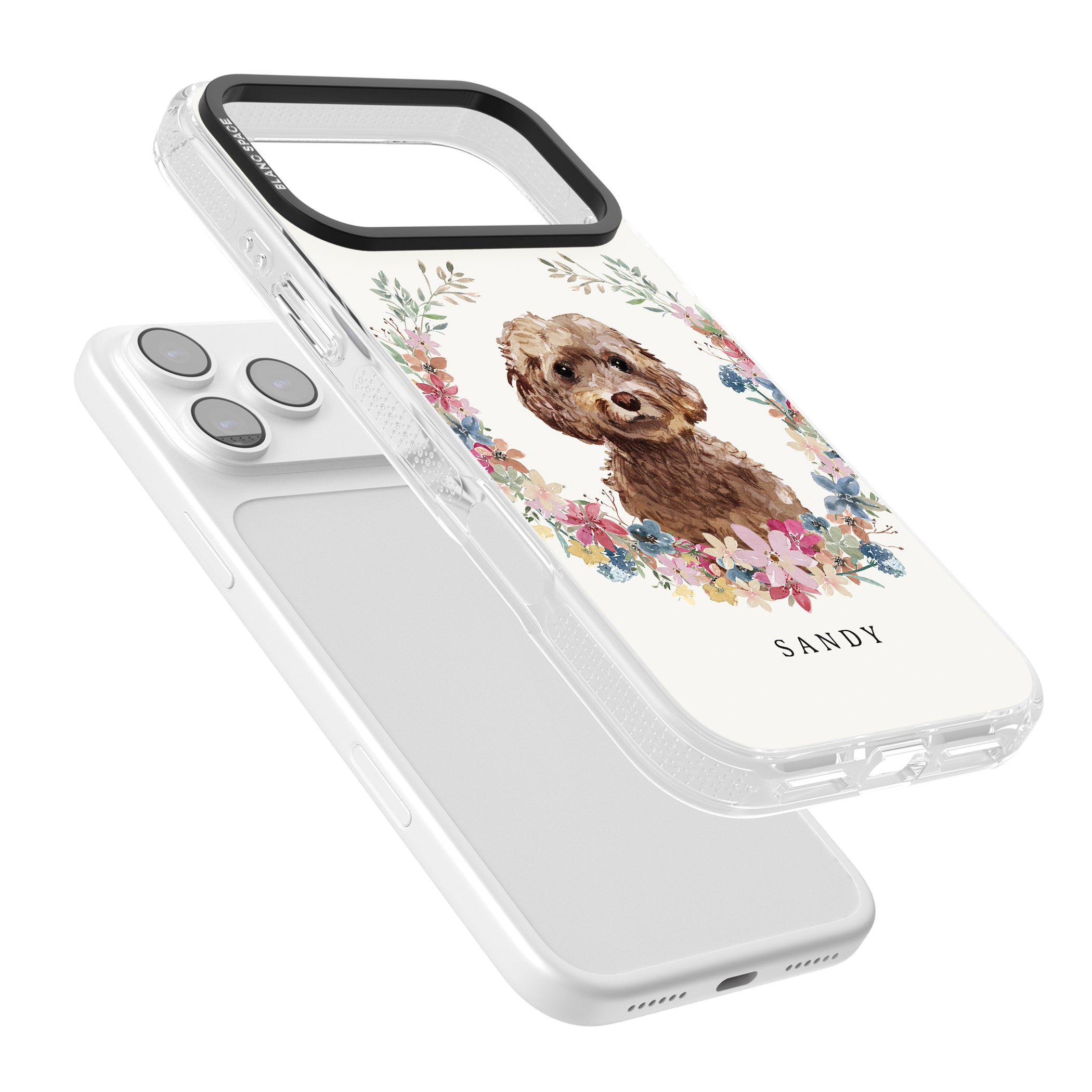 Personalised Brown Cockapoo Floral Portrait iPhone 17 Pro Max Impact Air Clear Phone Case Colours