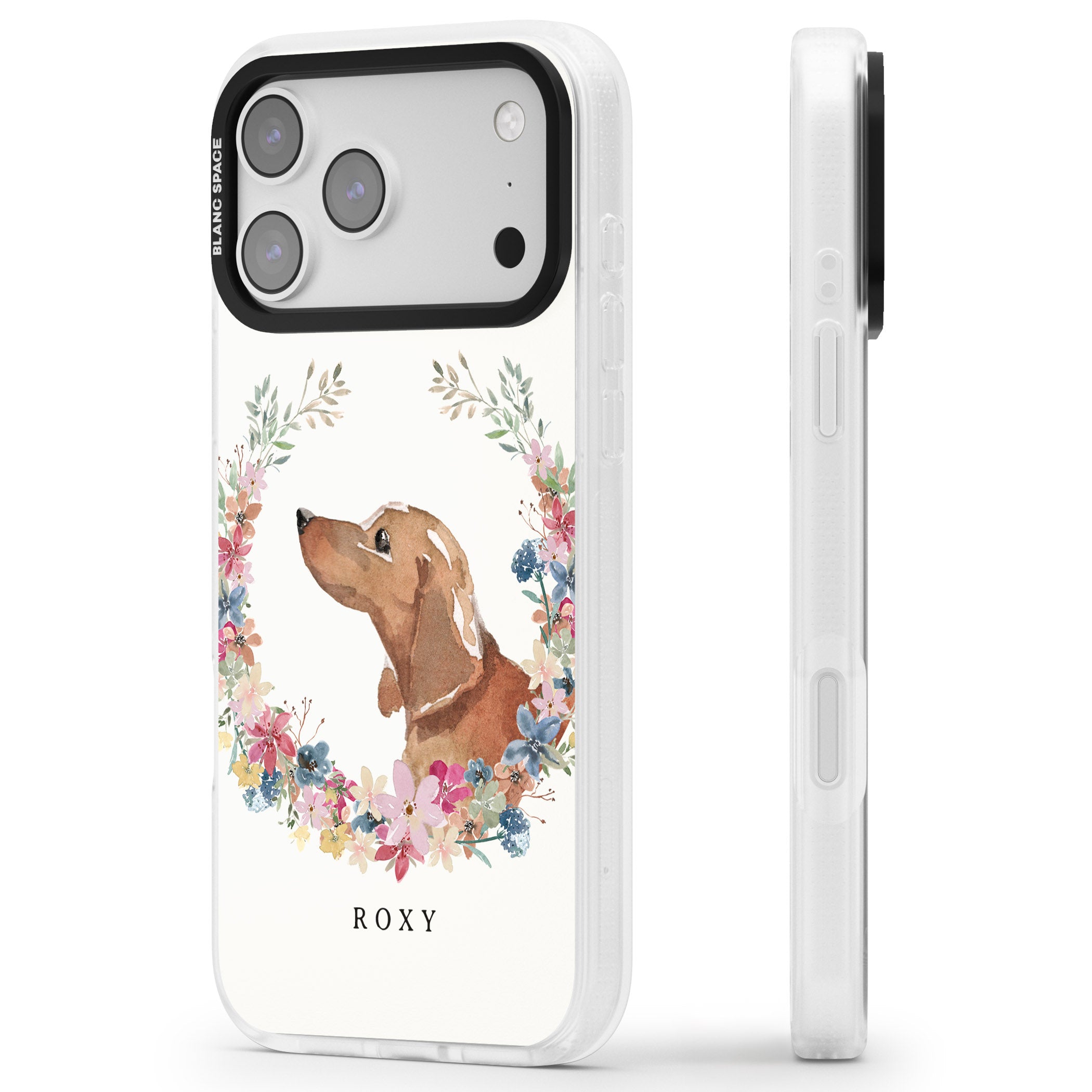 Personalised Tan Dachshund Floral Portrait iPhone 17 Pro Max Impact Air Clear Phone Case Side Profile