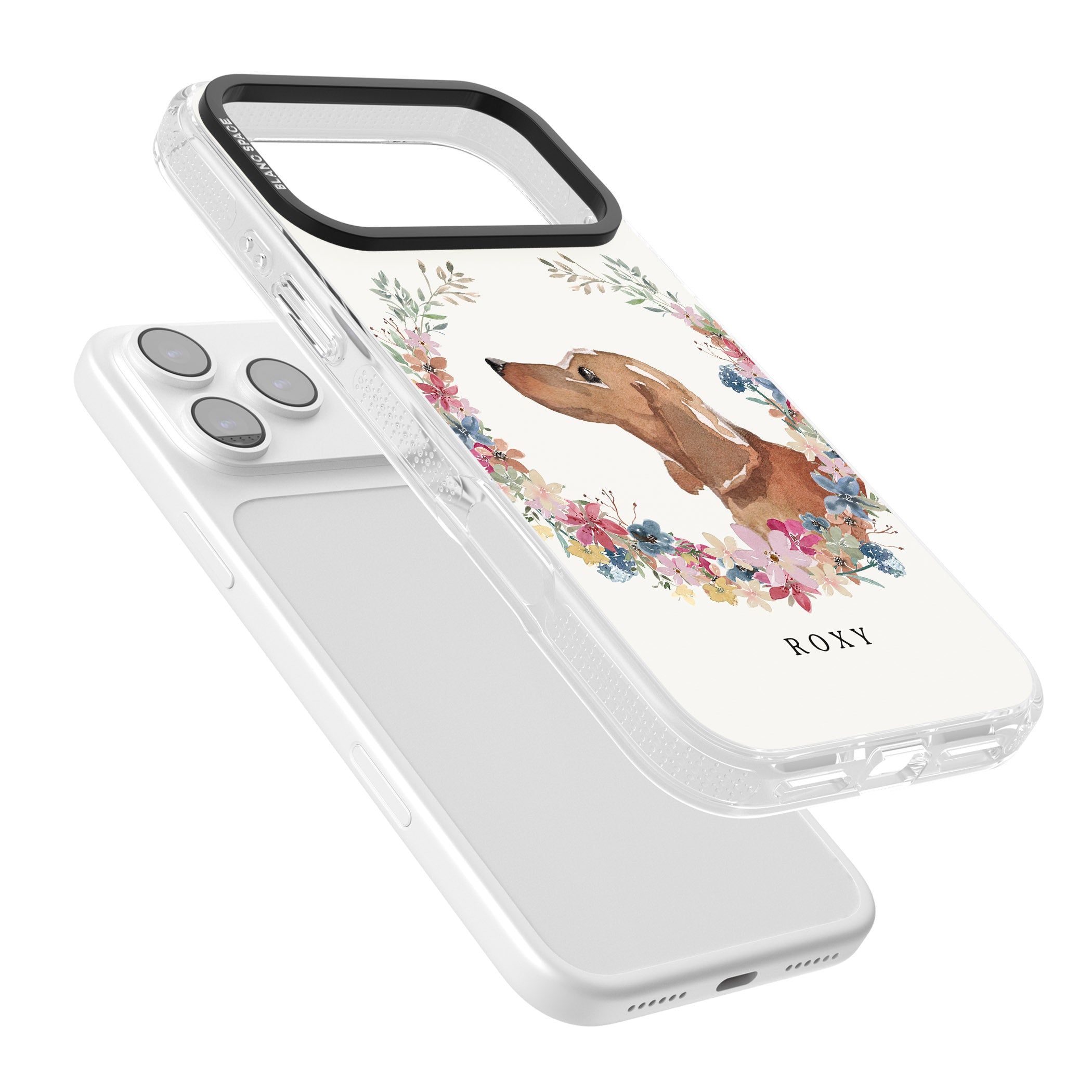 Personalised Tan Dachshund Floral Portrait iPhone 17 Pro Max Impact Air Clear Phone Case Colours