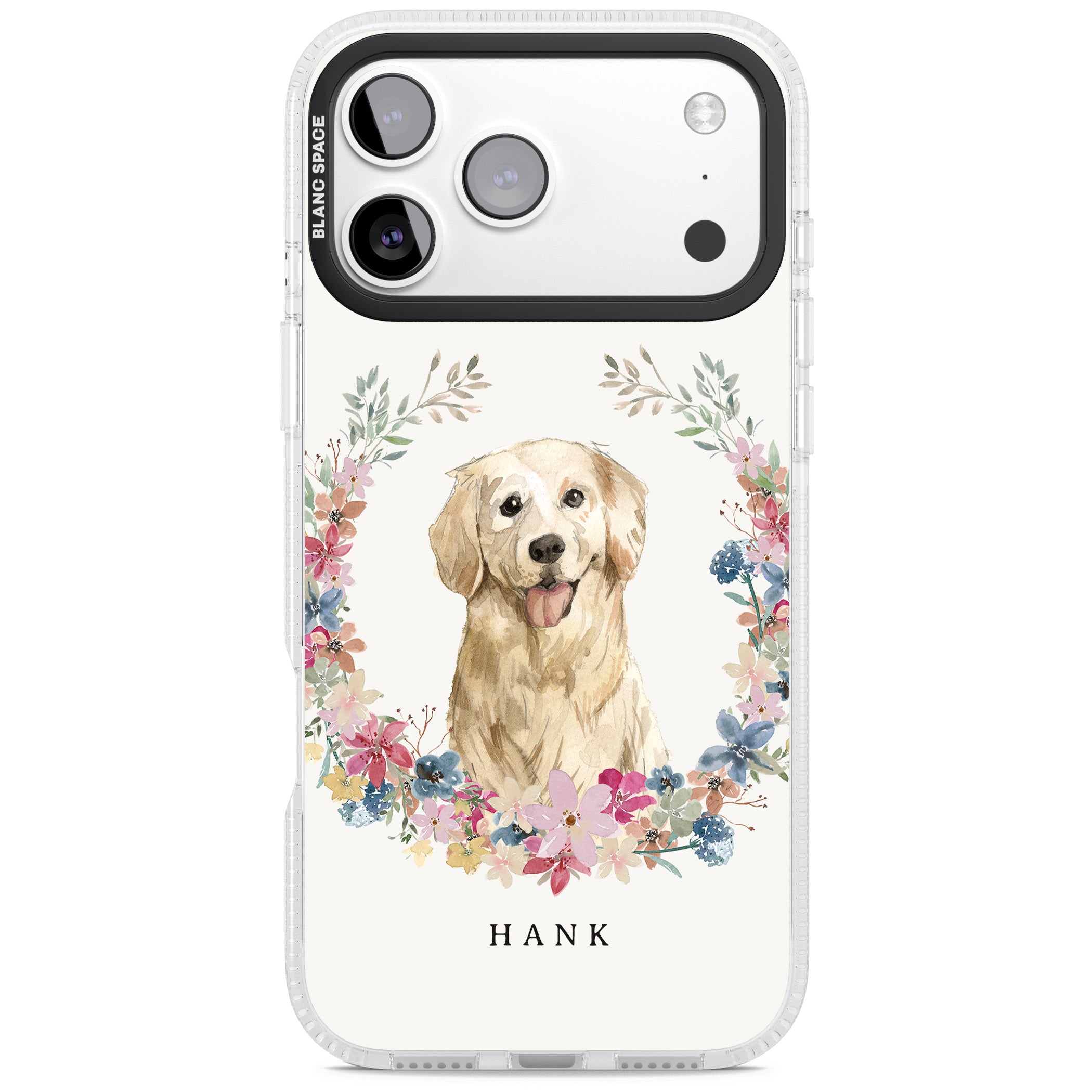 Personalised Golden Retriever Floral Portrait iPhone 17 Pro Impact Air Clear Phone Case