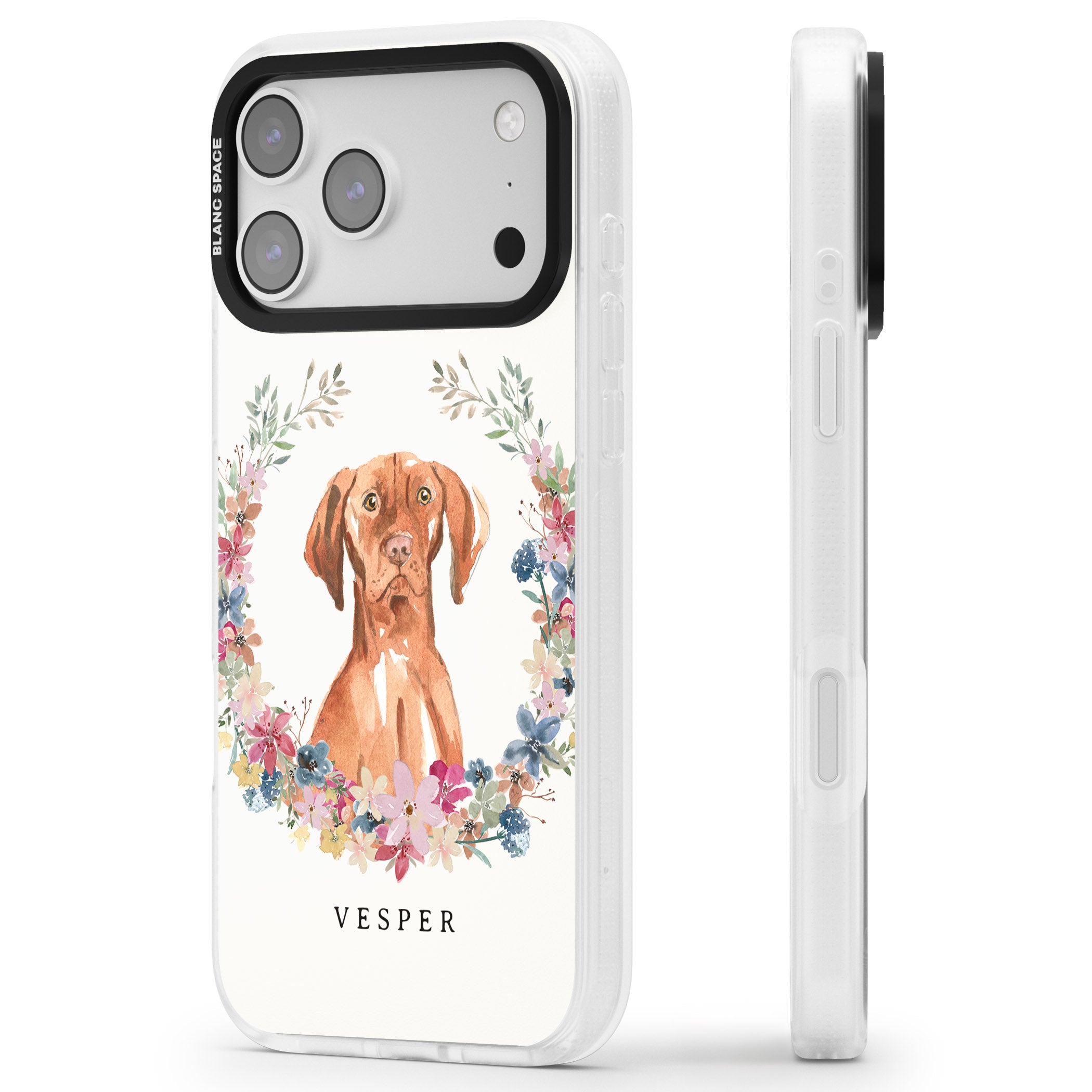 Personalised Hungarian Vizsla Floral Portrait iPhone 17 Pro Max Impact Air Clear Phone Case Side Profile