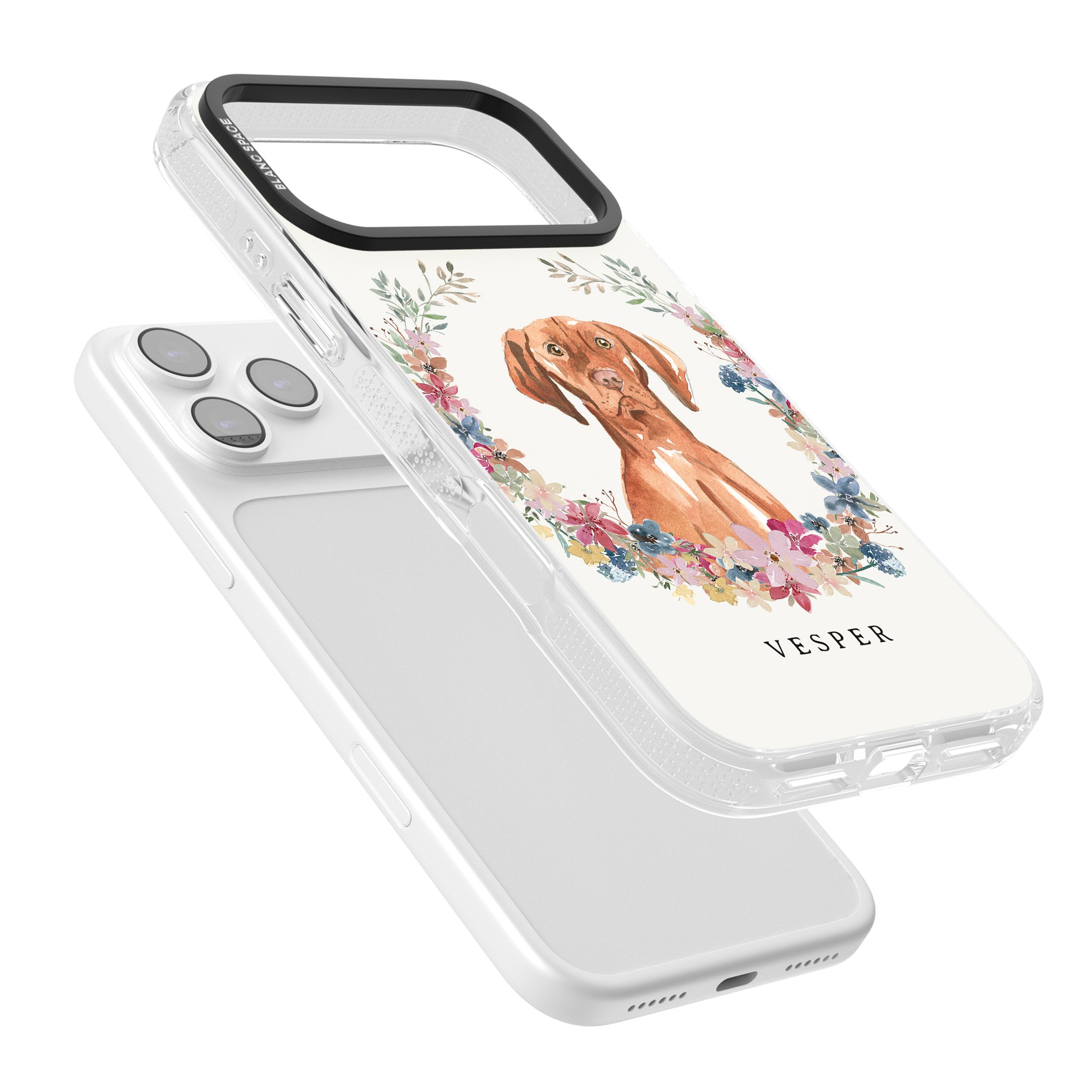 Personalised Hungarian Vizsla Floral Portrait iPhone 17 Pro Max Impact Air Clear Phone Case Colours