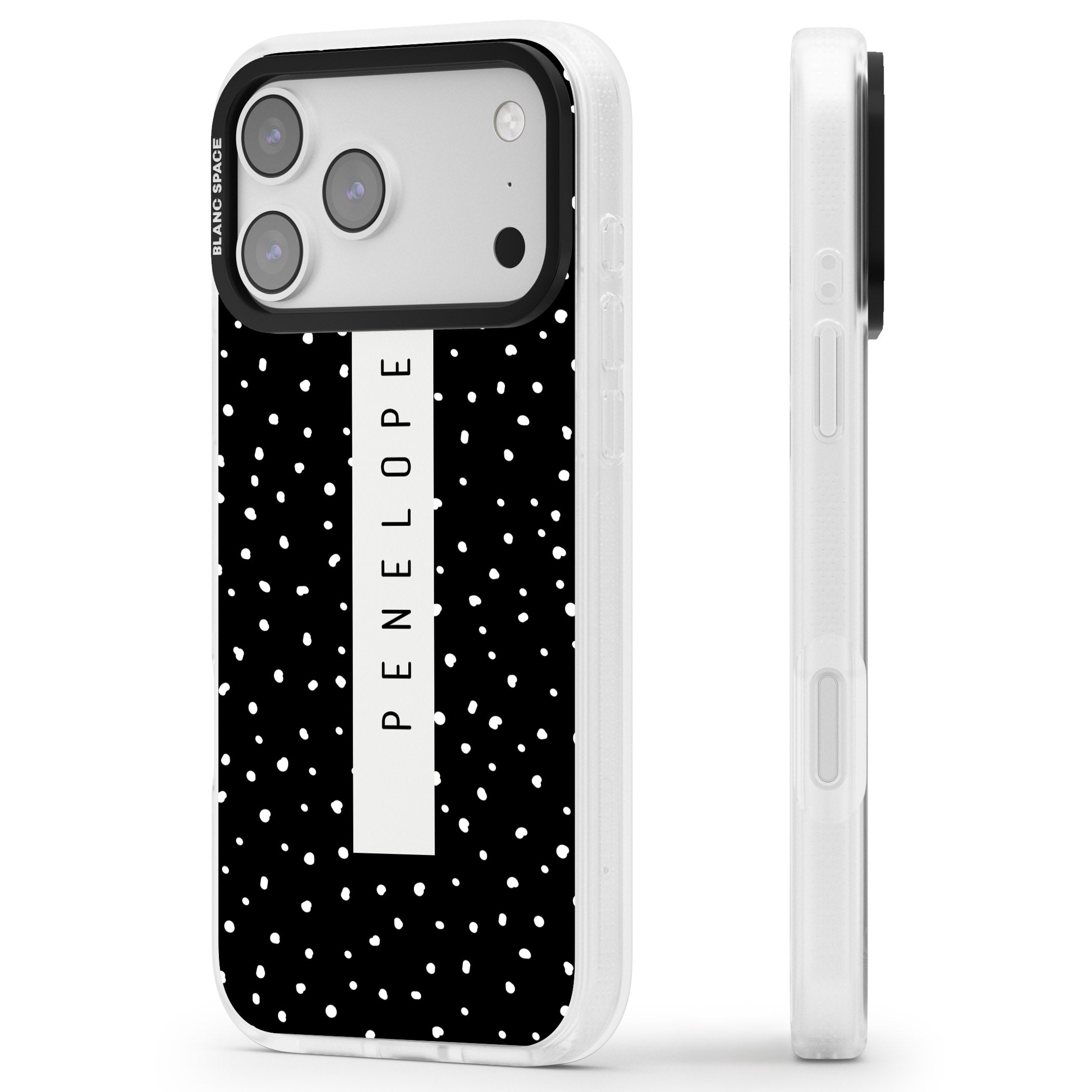 Personalised Black Dots iPhone 17 Pro Impact Air Clear Phone Case Side Profile