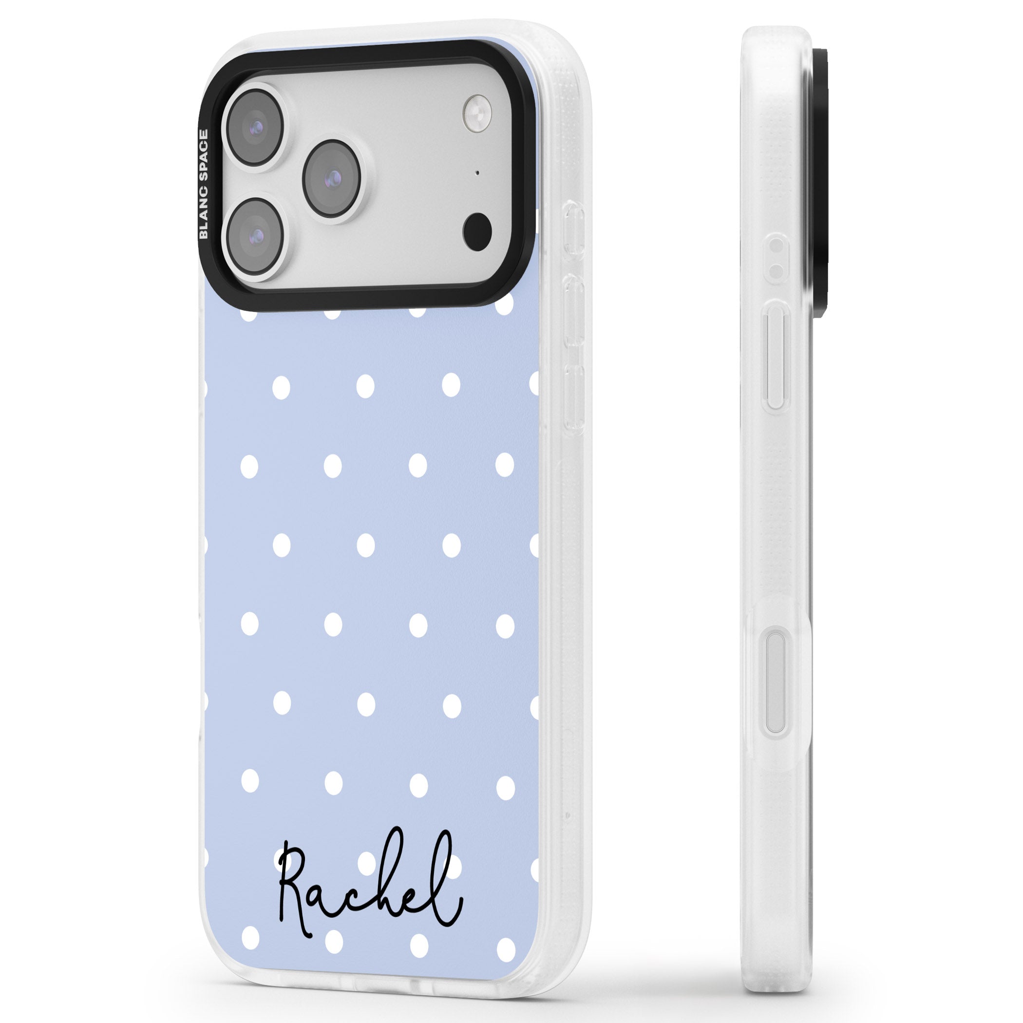 Personalised Simple Light Blue Dots iPhone 17 Pro Max Impact Air Clear Phone Case Side Profile