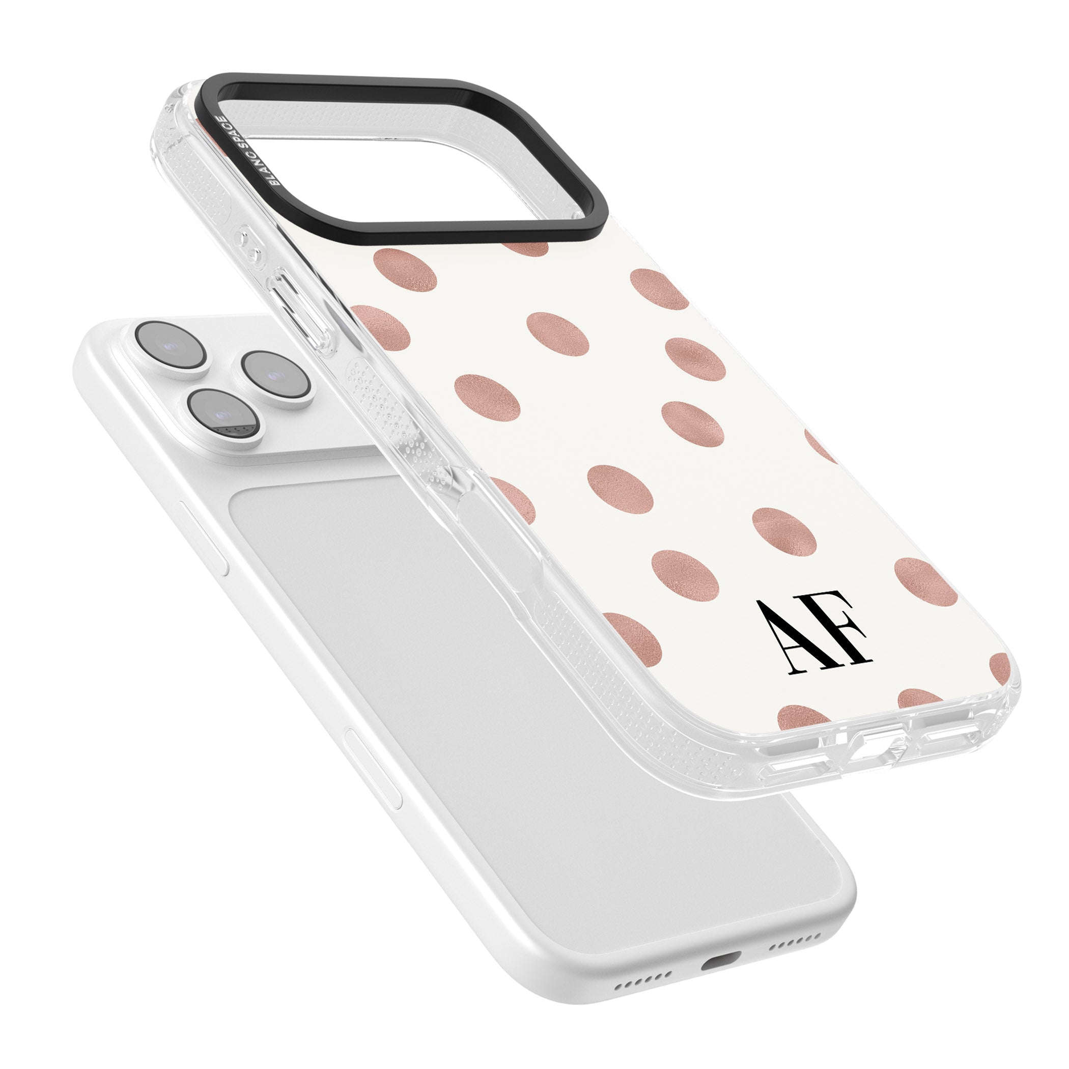 Personalised Rose Gold Dots & Initials iPhone 17 Pro Impact Air Clear Phone Case Colours