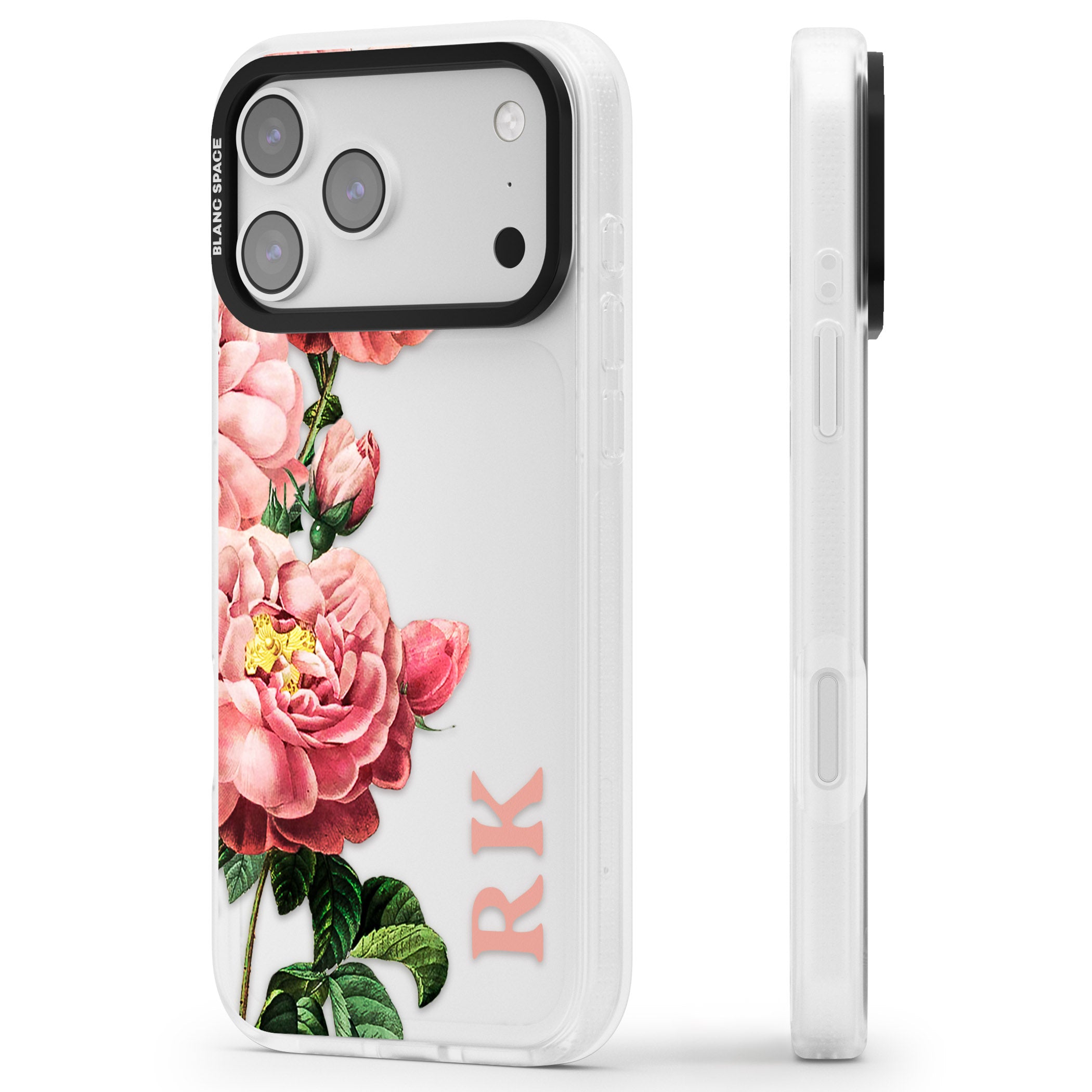 Personalised Vintage Floral Peonies iPhone 17 Pro Max Impact Air Clear Phone Case Side Profile
