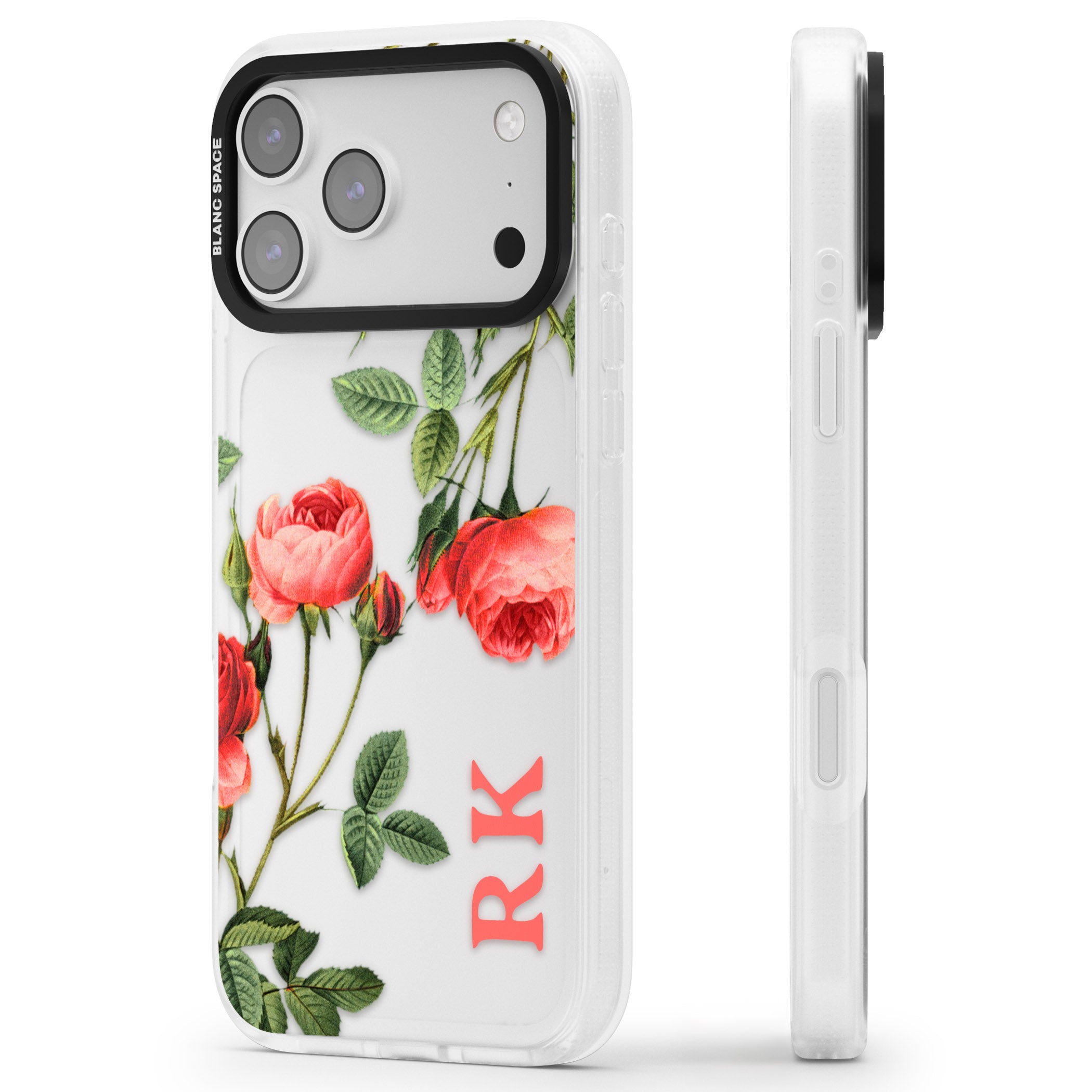 Personalised Vintage Floral Rose iPhone 17 Pro Max Impact Air Clear Phone Case Side Profile