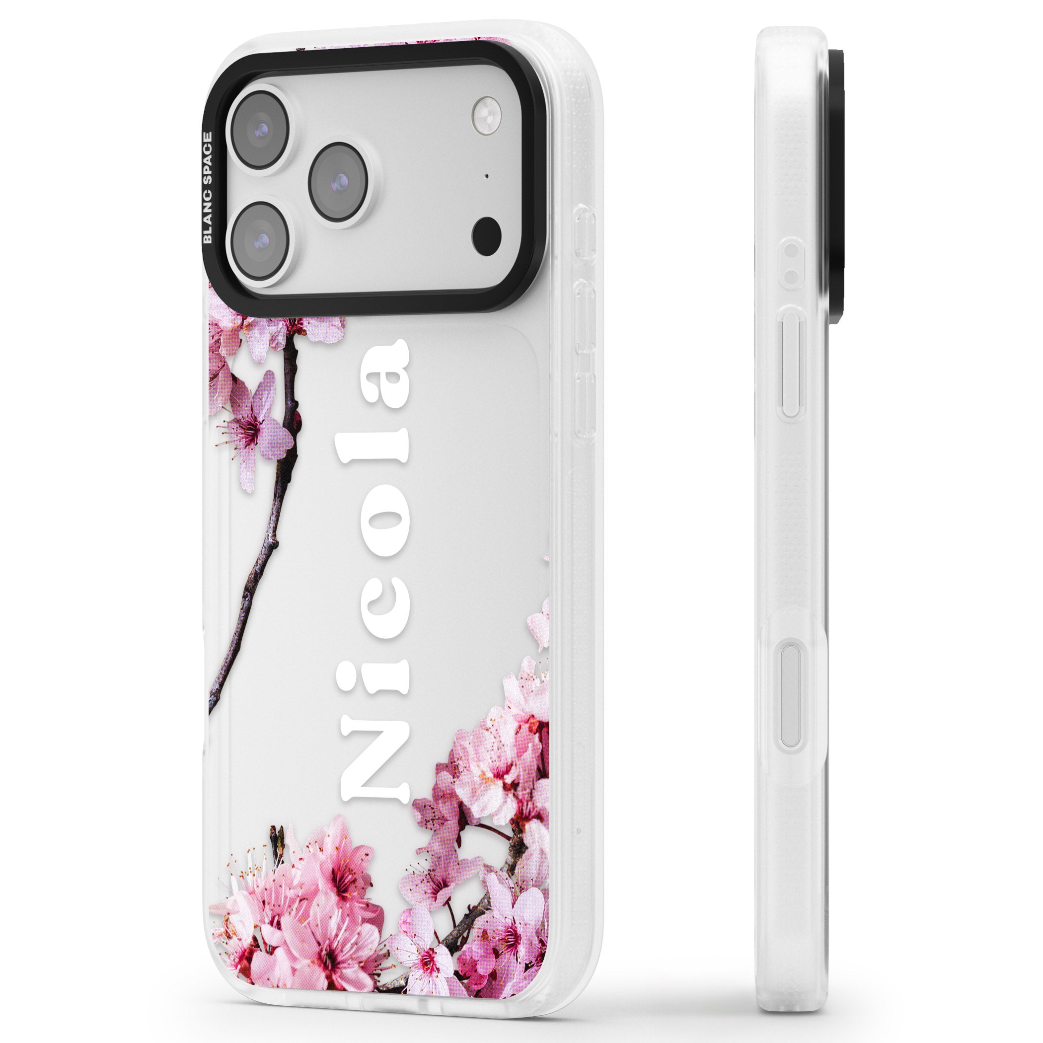 Personalised Cherry Blossom Elegance Classic iPhone 17 Pro Impact Air Clear Phone Case Side Profile