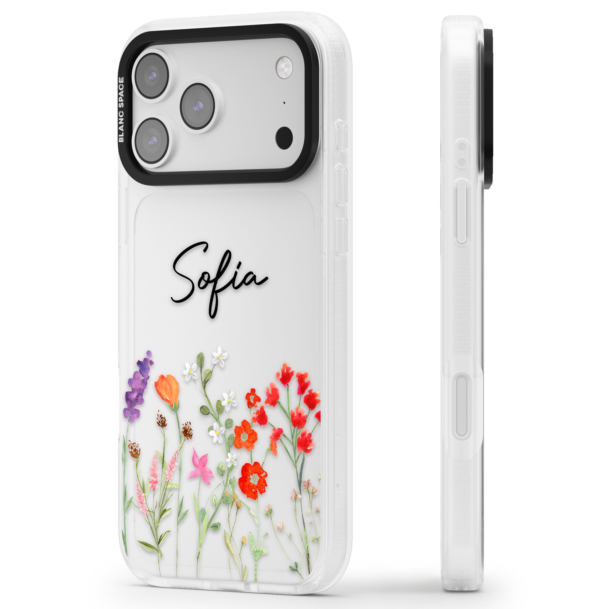Personalised Spring Wildflowers iPhone 17 Pro Max Impact Air Clear Phone Case Side Profile