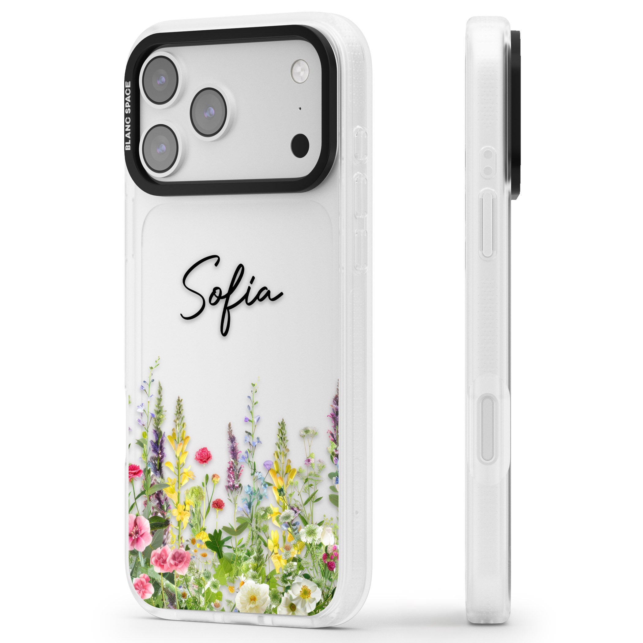 Personalised Garden Wildfowers iPhone 17 Pro Max Impact Air Clear Phone Case Side Profile
