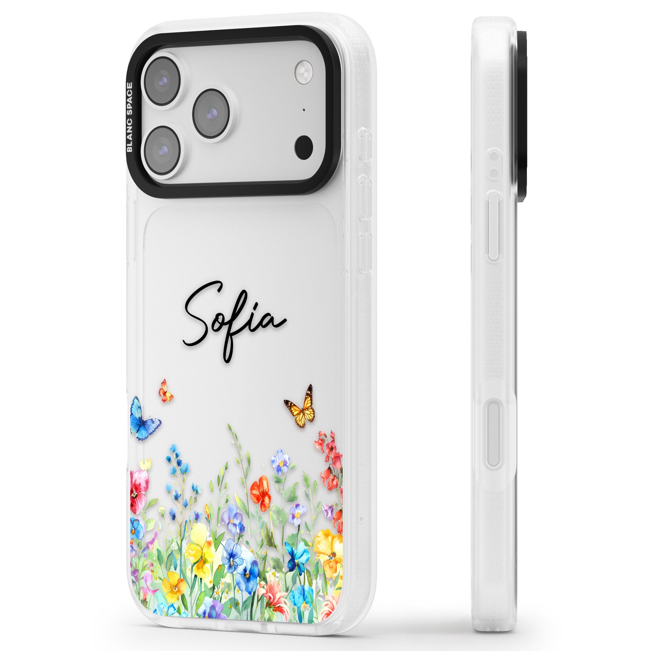 Personalised Buterflies Wildflowers iPhone 17 Pro Impact Air Clear Phone Case Side Profile