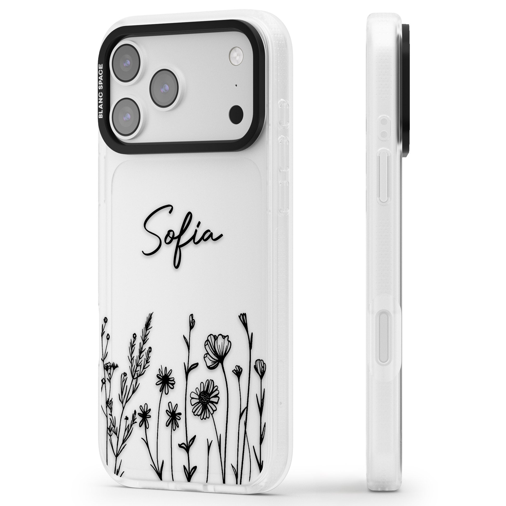 Personalised Black Wildflowers iPhone 17 Pro Max Impact Air Clear Phone Case Side Profile