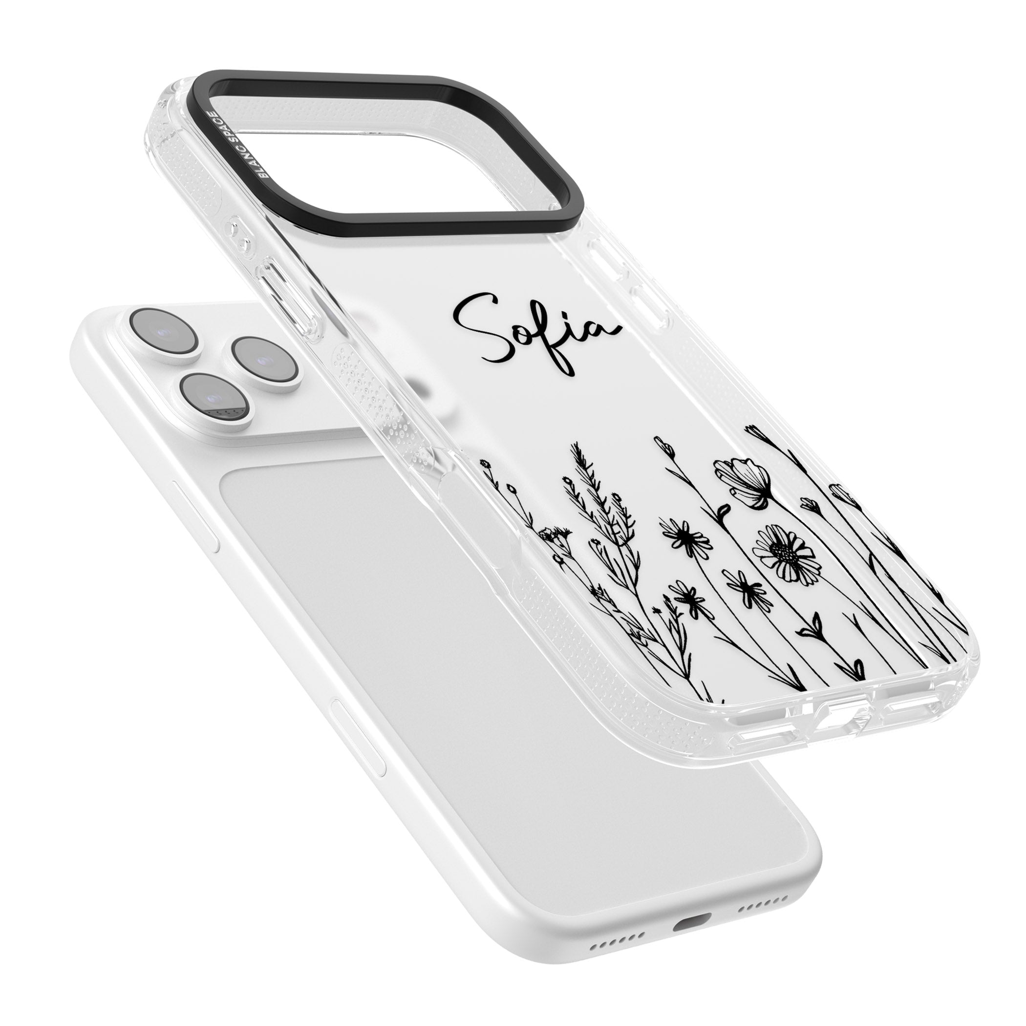 Personalised Black Wildflowers iPhone 17 Pro Max Impact Air Clear Phone Case Colours