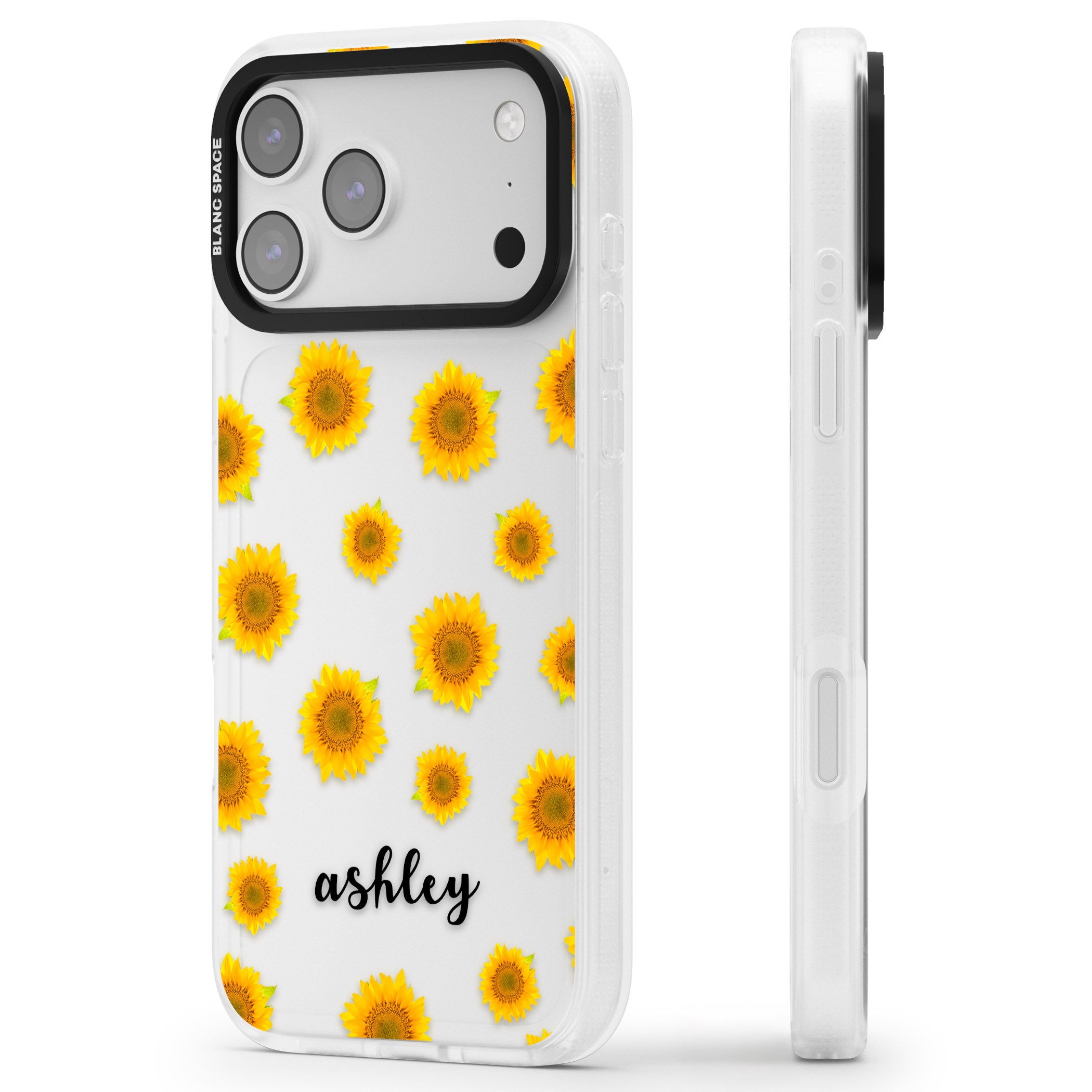 Personalised Sunflowers & Cursive iPhone 17 Pro Max Impact Air Clear Phone Case Side Profile