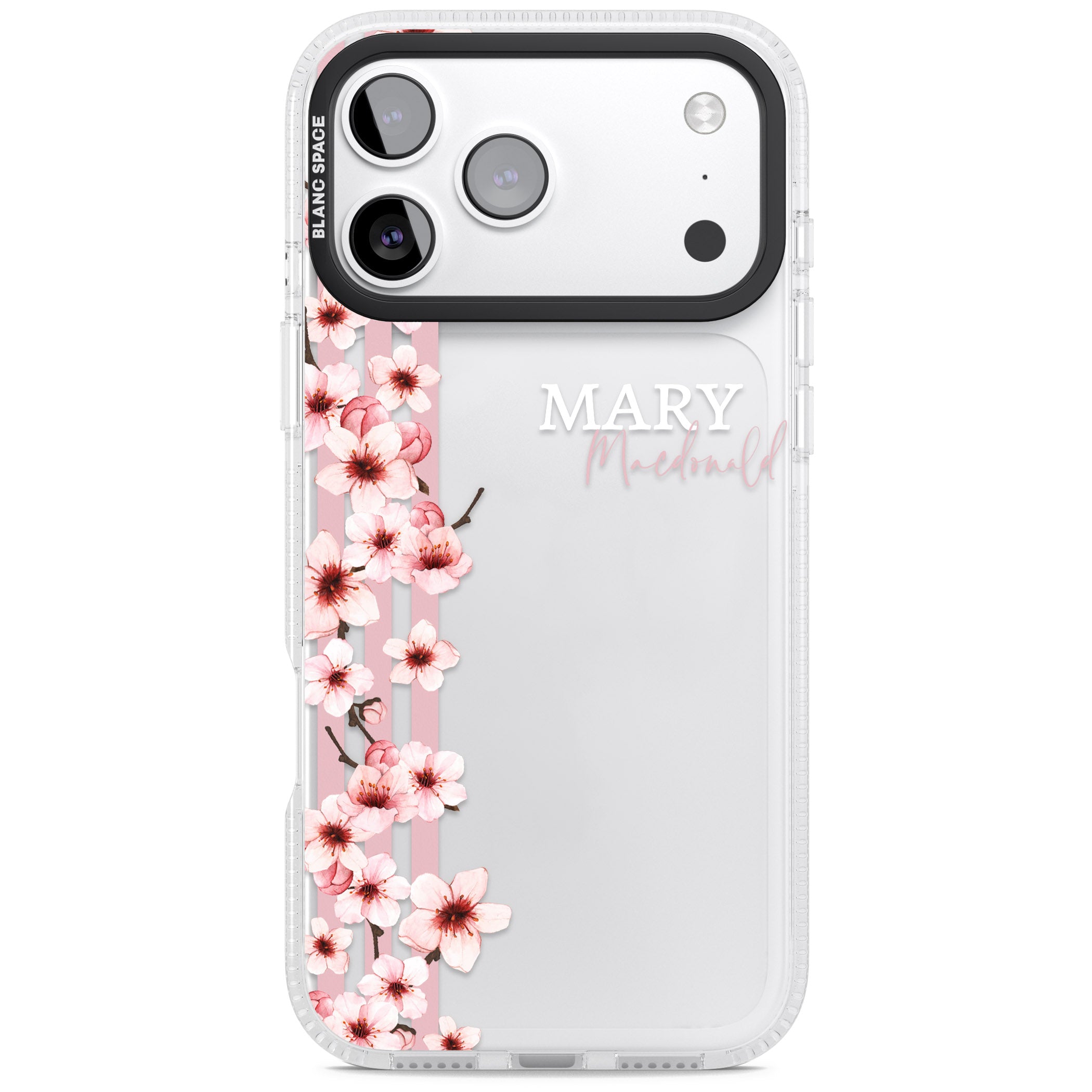 Personalised Cherry Blossom Stripes iPhone 17 Pro Impact Air Clear Phone Case