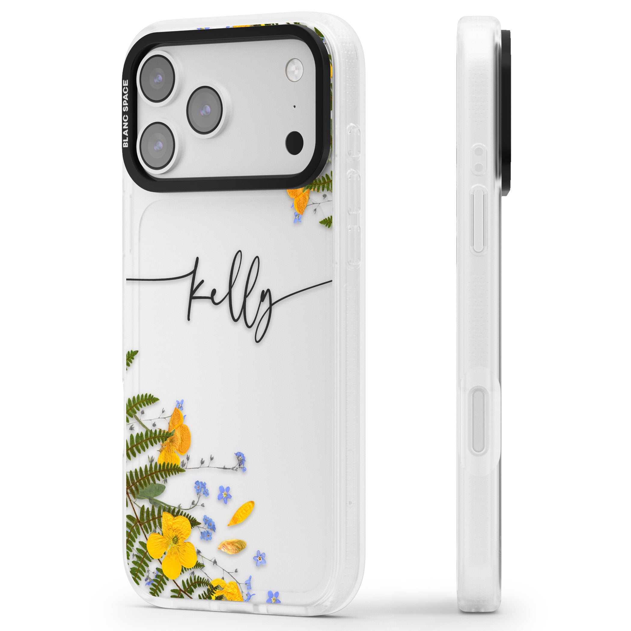 Personalised Ferns & Wildflowers iPhone 17 Pro Max Impact Air Clear Phone Case Side Profile