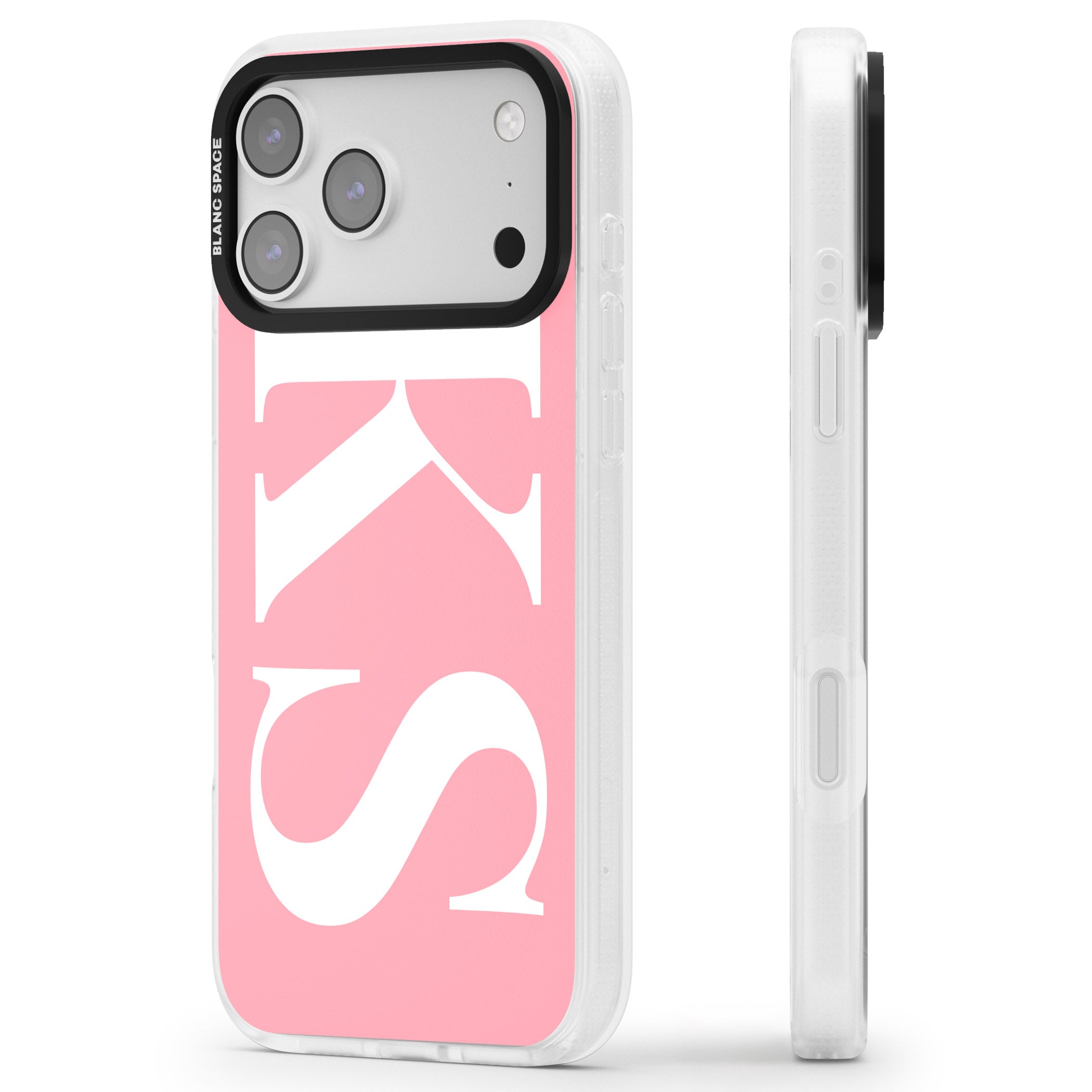 Personalised White & Pink Letters iPhone 17 Pro Max Impact Air Clear Phone Case Side Profile