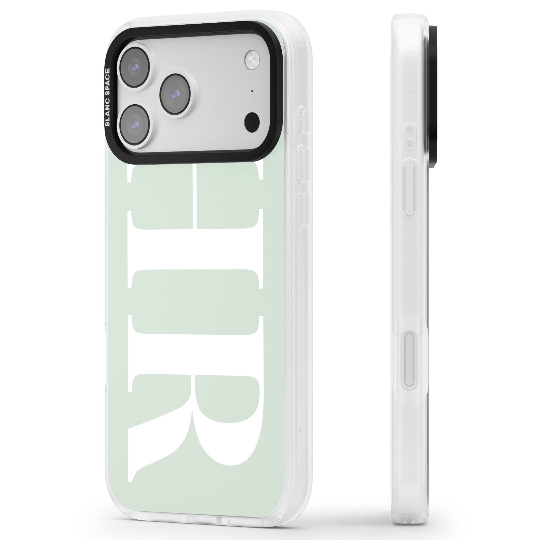 Personalised White & Seafoam Green Letters iPhone 17 Pro Max Impact Air Clear Phone Case Side Profile