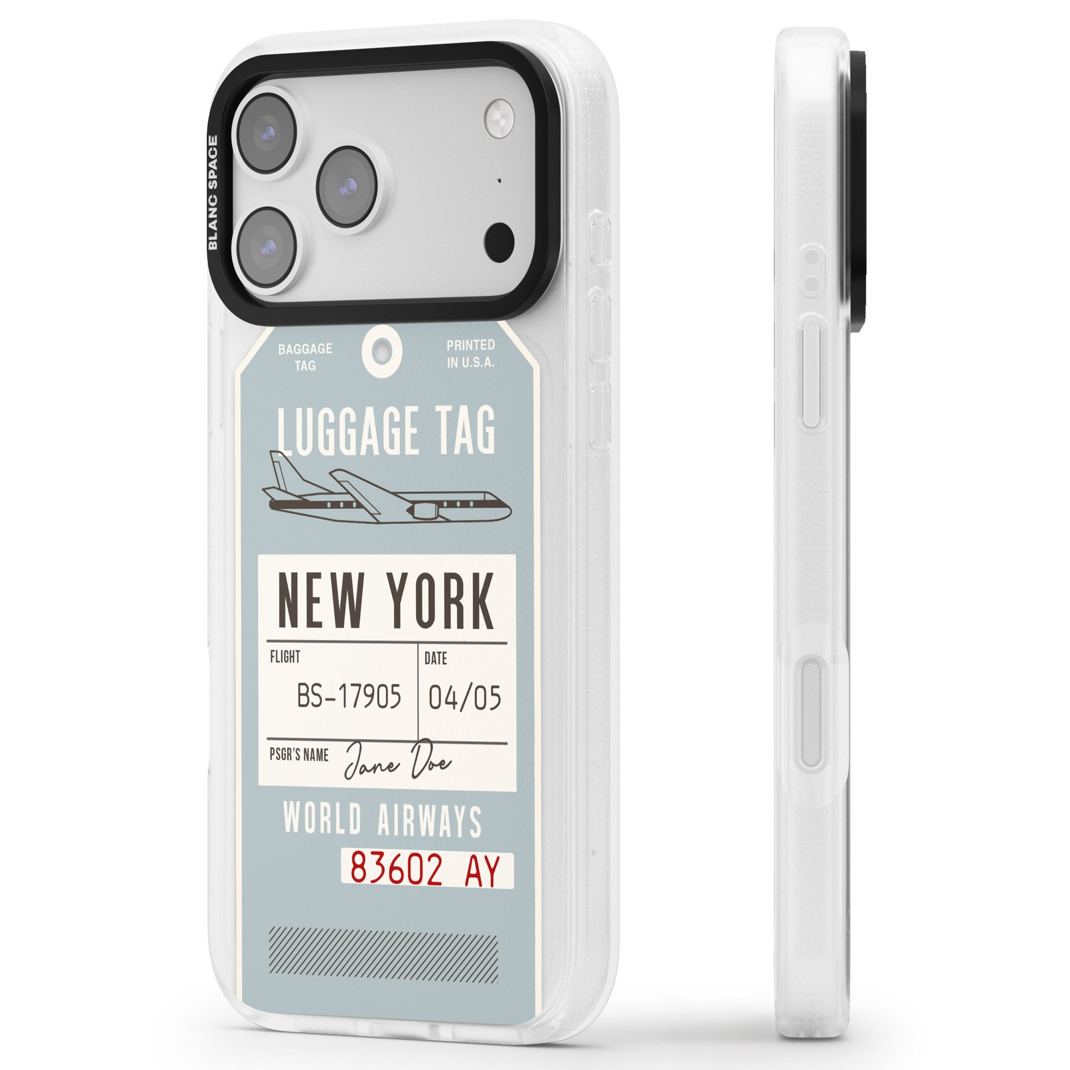 Personalised Vintage Usa Luggage Tag iPhone 17 Pro Impact Air Clear Phone Case Side Profile