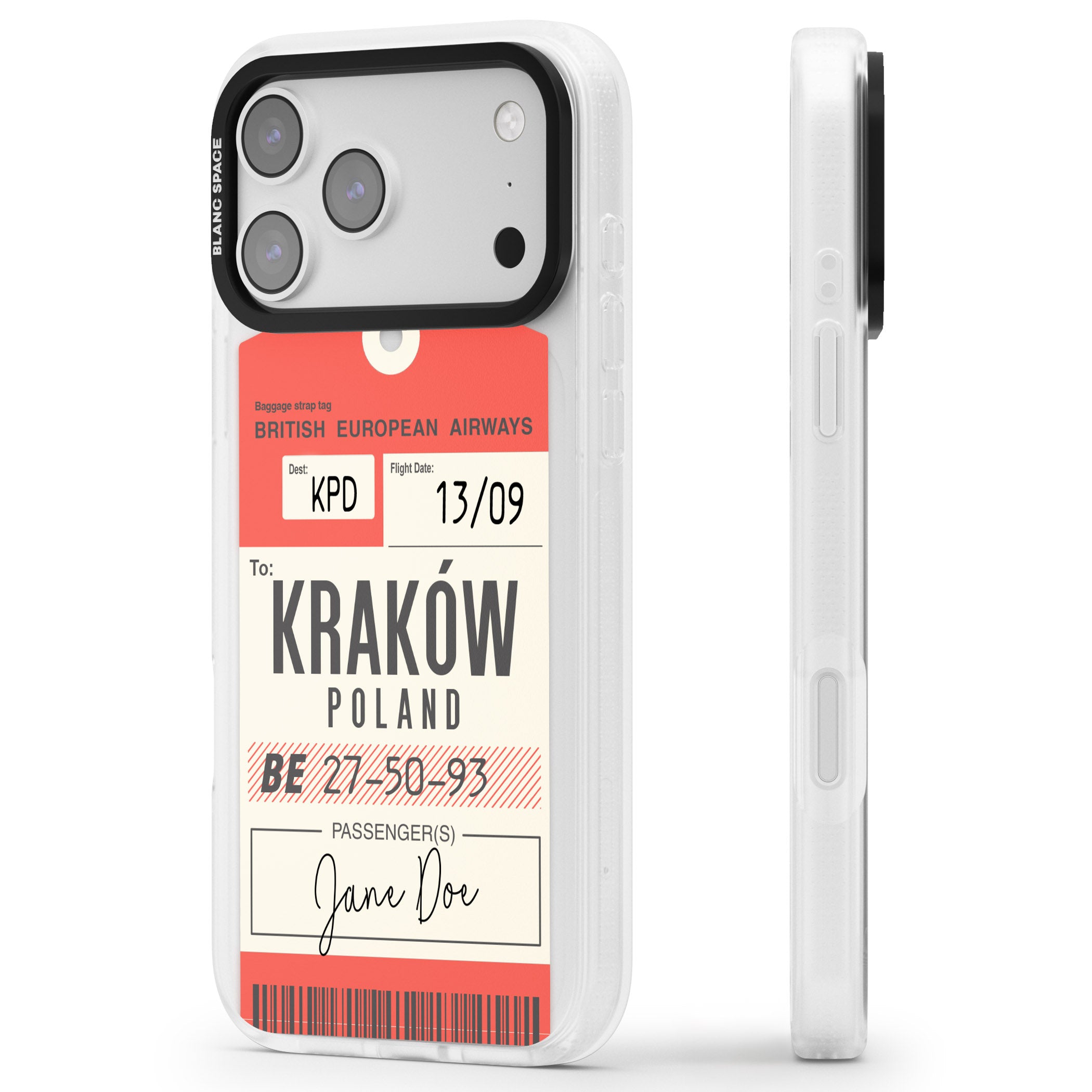 Personalised Vintage Bea Luggage Tag iPhone 17 Pro Max Impact Air Clear Phone Case Side Profile