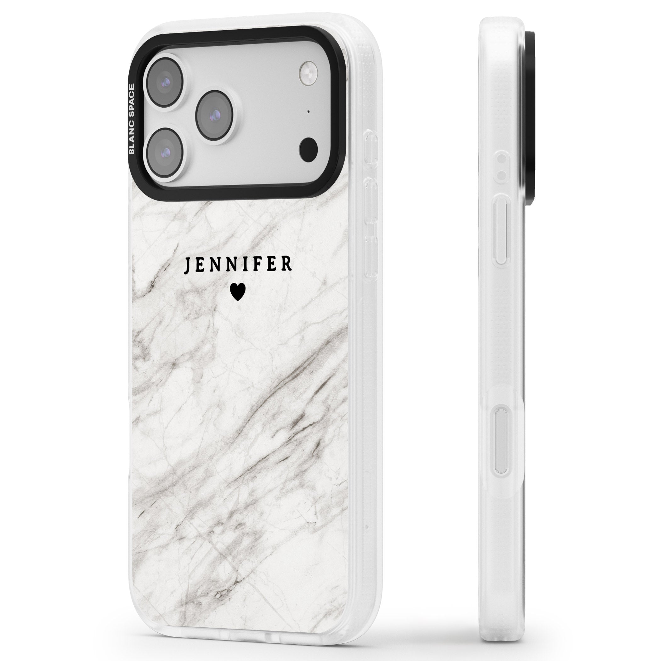 Personalised Light Grey Marble iPhone 17 Pro Impact Air Clear Phone Case Side Profile