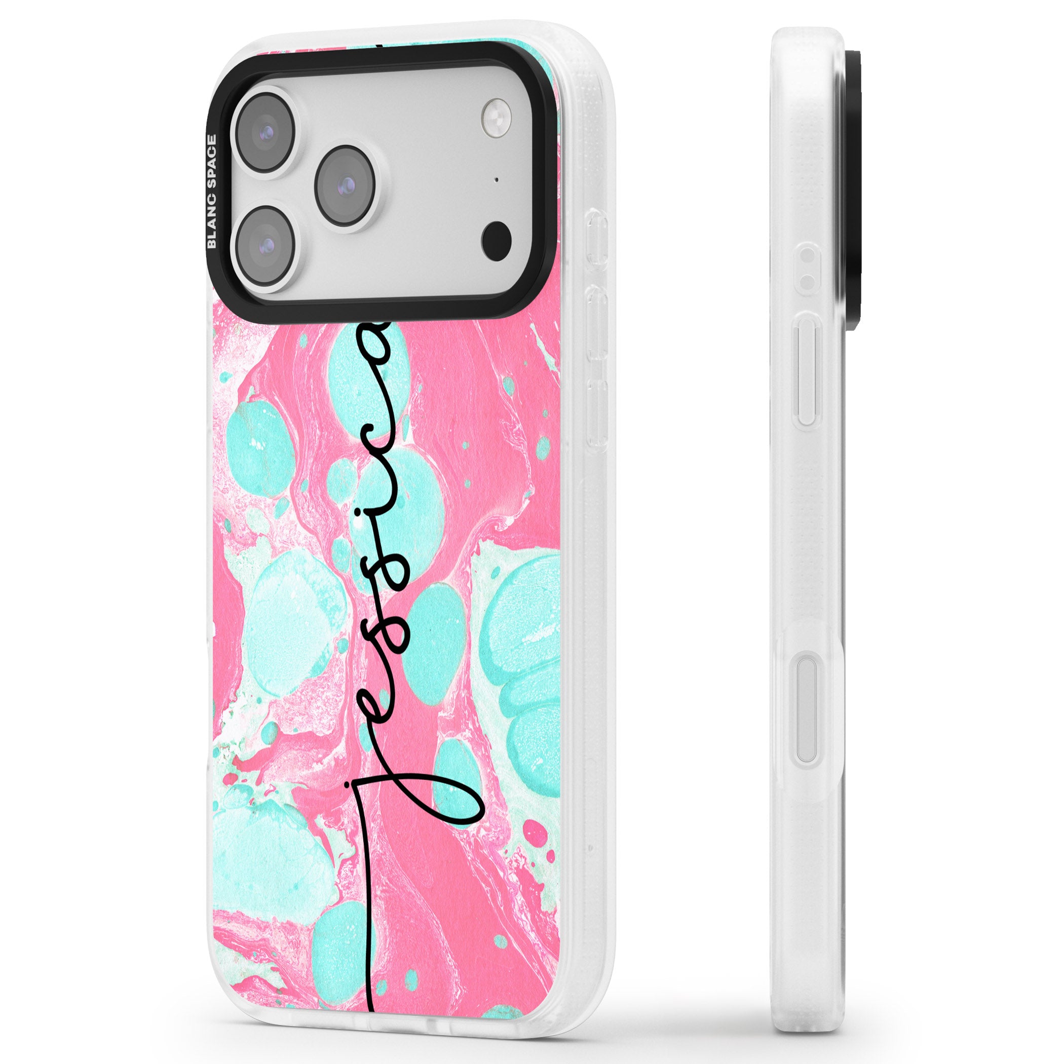 Personalised Turquoise & Pink Marbled iPhone 17 Pro Max Impact Air Clear Phone Case Side Profile