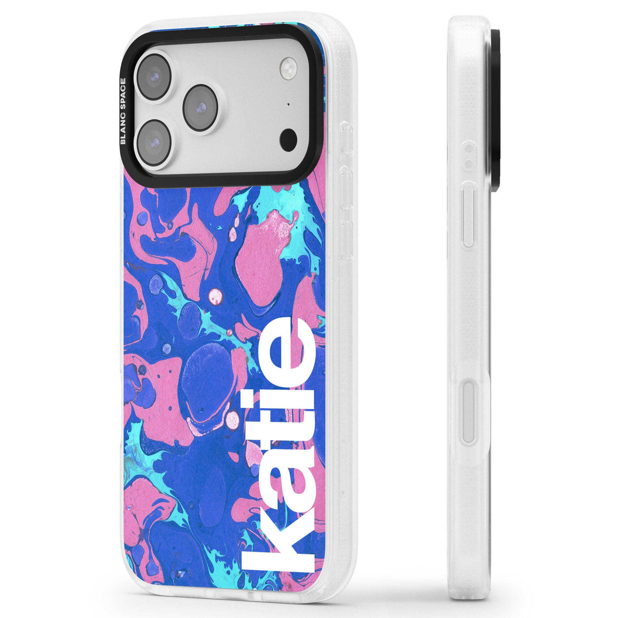 Personalised Navy & Turquoise Marbled iPhone 17 Pro Max Impact Air Clear Phone Case Side Profile