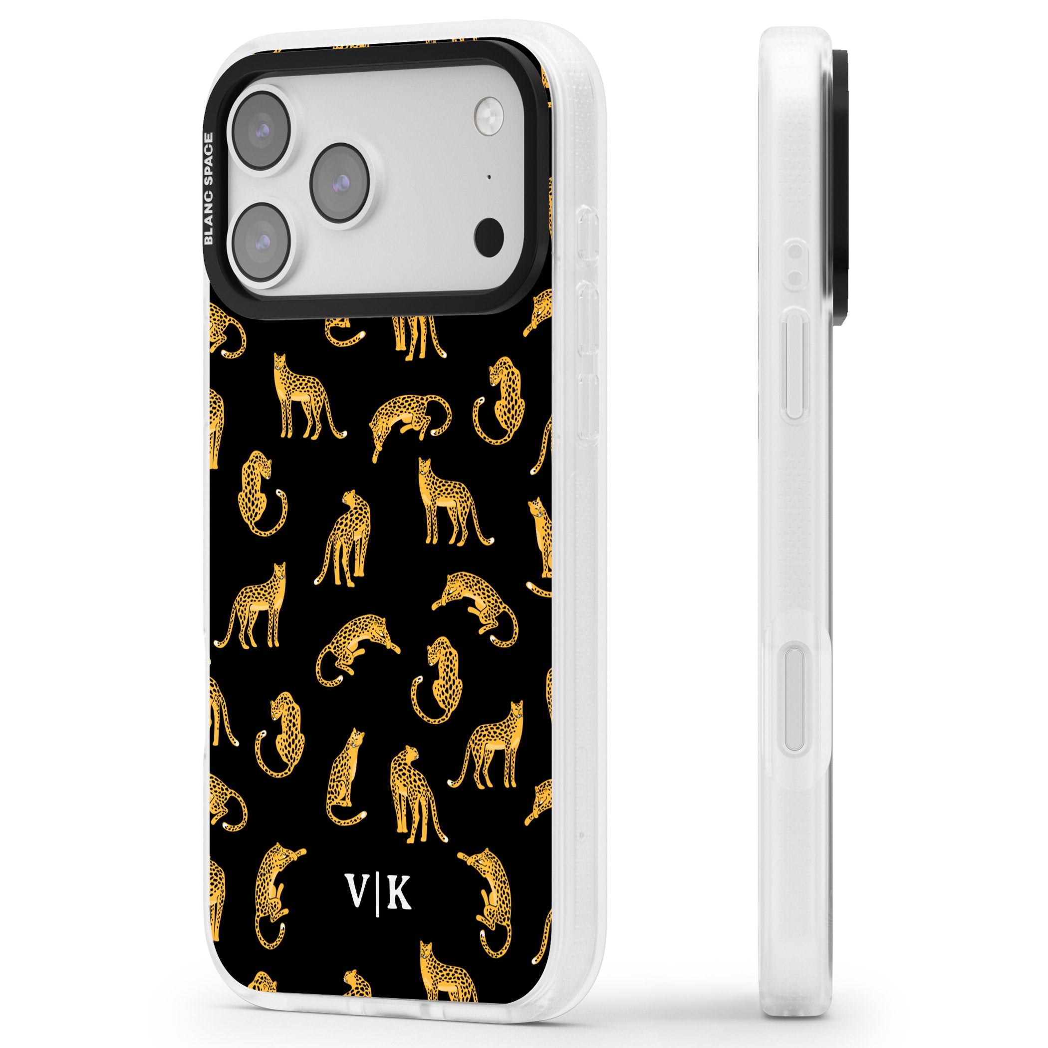 Personalised Gold Cheetah Pattern iPhone 17 Pro Impact Air Clear Phone Case Side Profile