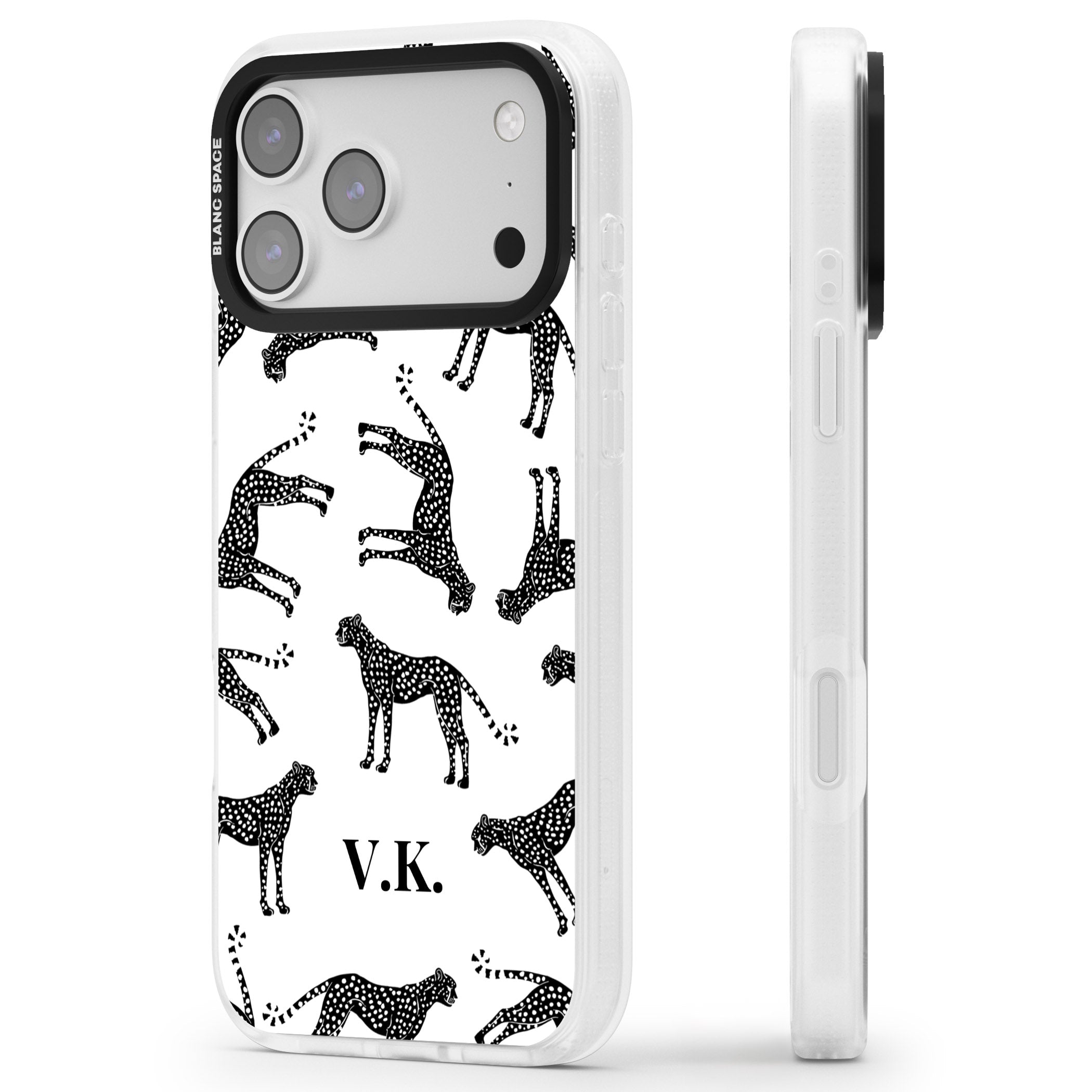 Personalised Black & White Cheetah Pattern iPhone 17 Pro Max Impact Air Clear Phone Case Side Profile