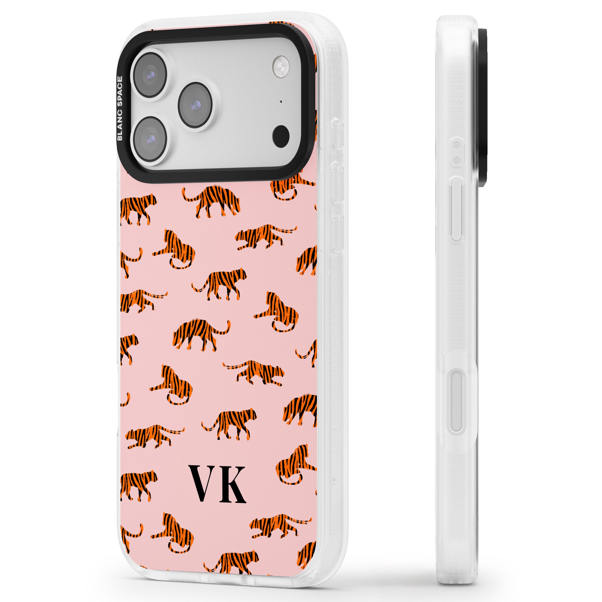 Personalised Pink Safari Tiger Pattern iPhone 17 Pro Max Impact Air Clear Phone Case Side Profile