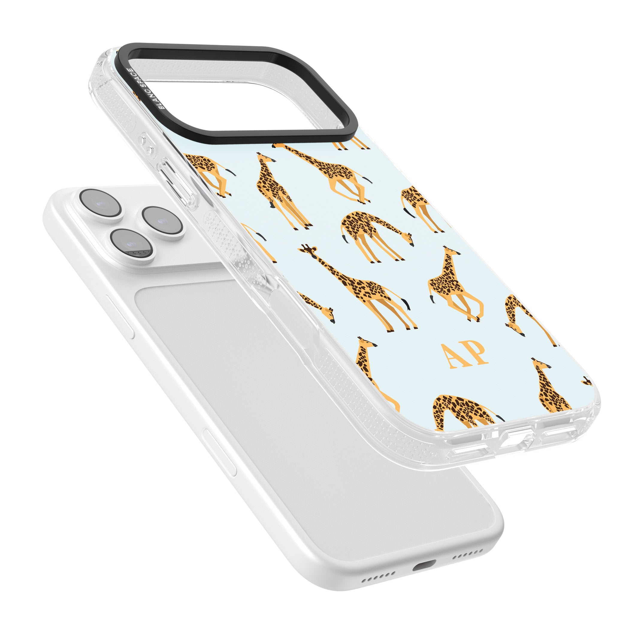 Personalised Safari Giraffe Pattern On Blue iPhone 17 Pro Max Impact Air Clear Phone Case Colours