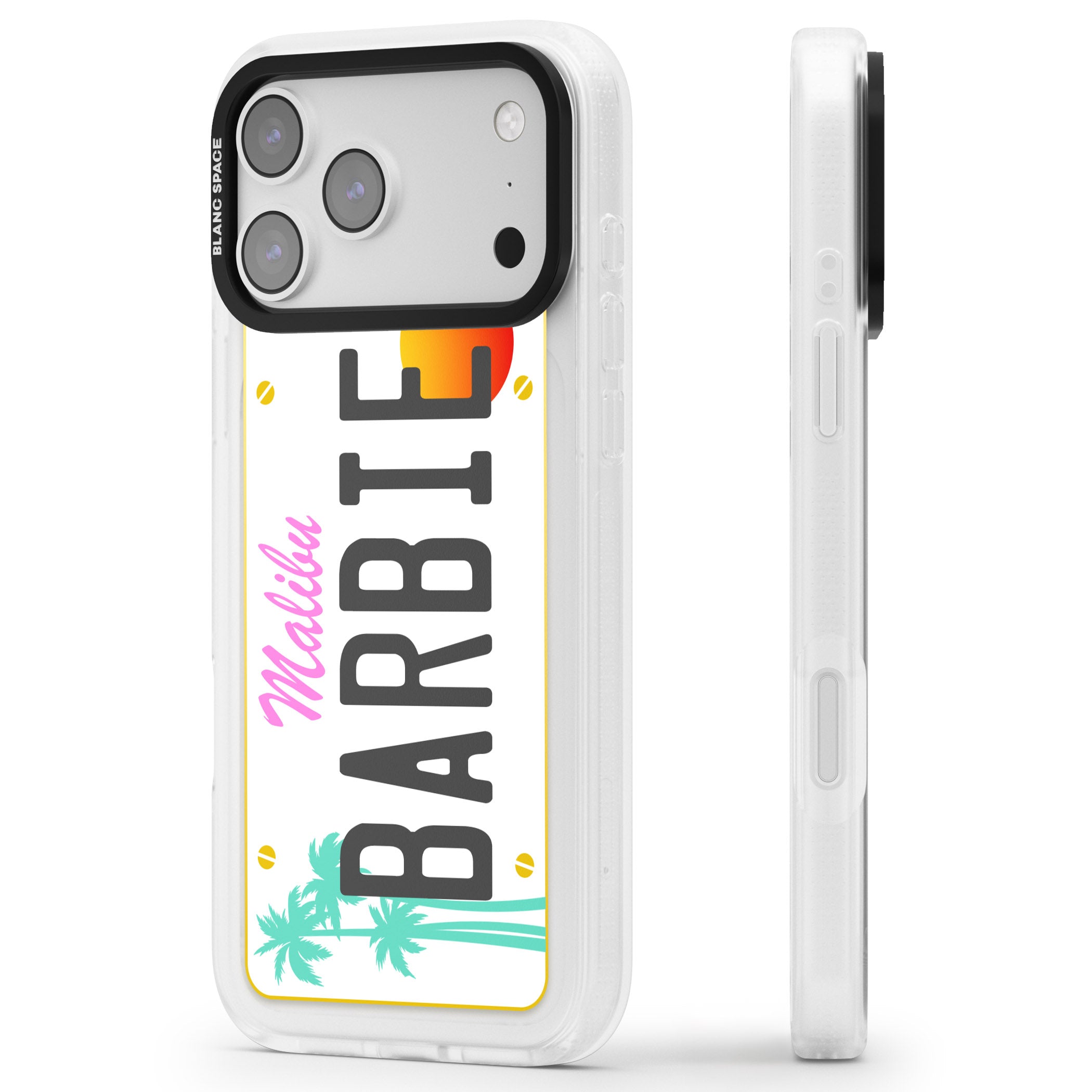 Personalised Malibu License Plate iPhone 17 Pro Impact Air Clear Phone Case Side Profile
