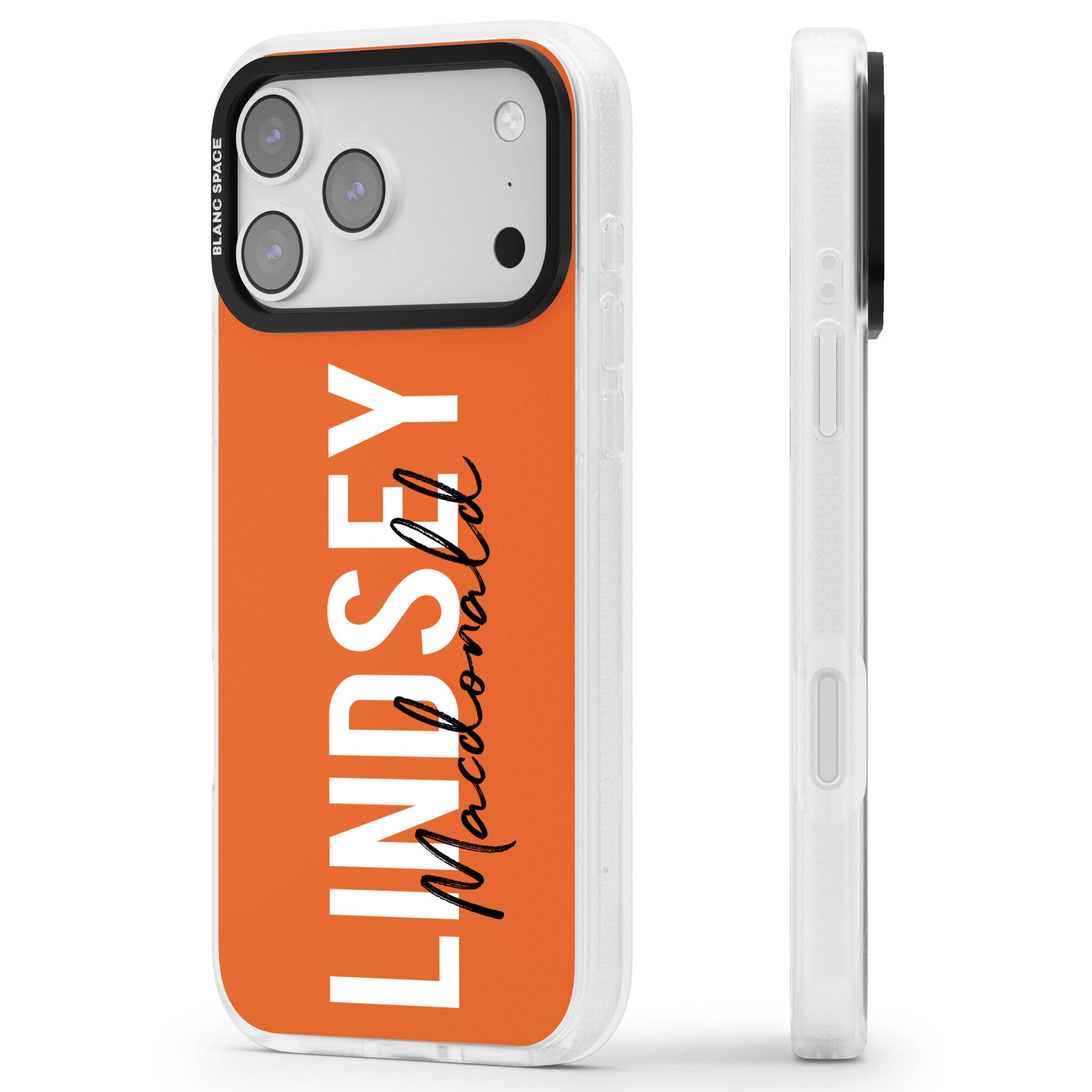 Personalised Bold Name: Orange iPhone 17 Pro Max Impact Air Clear Phone Case Side Profile