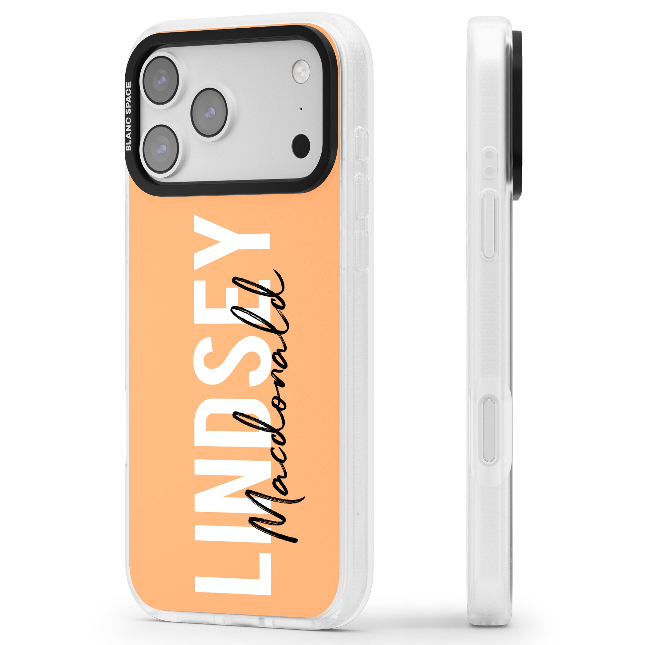 Personalised Bold Name: Peach iPhone 17 Pro Impact Air Clear Phone Case Side Profile