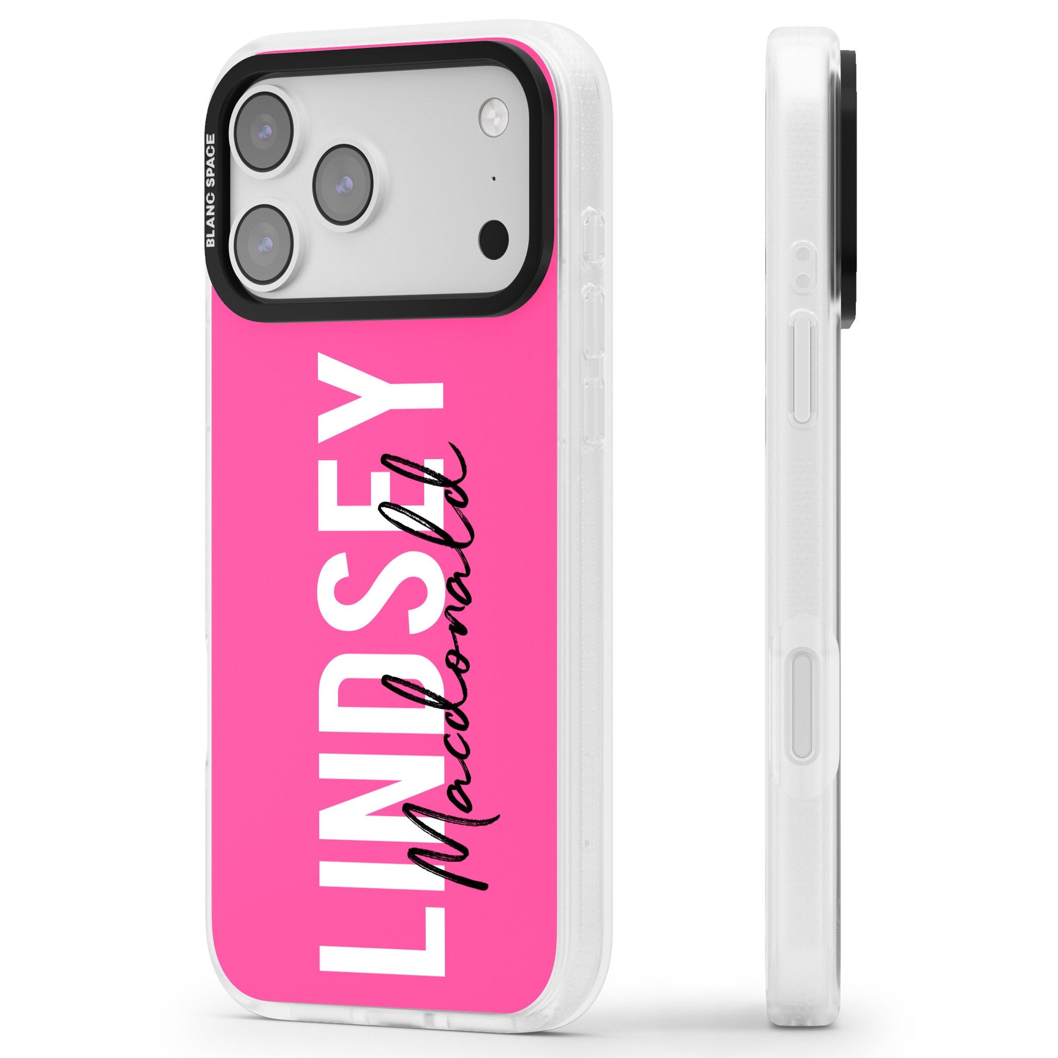 Personalised Bold Name: Pink iPhone 17 Pro Max Impact Air Clear Phone Case Side Profile