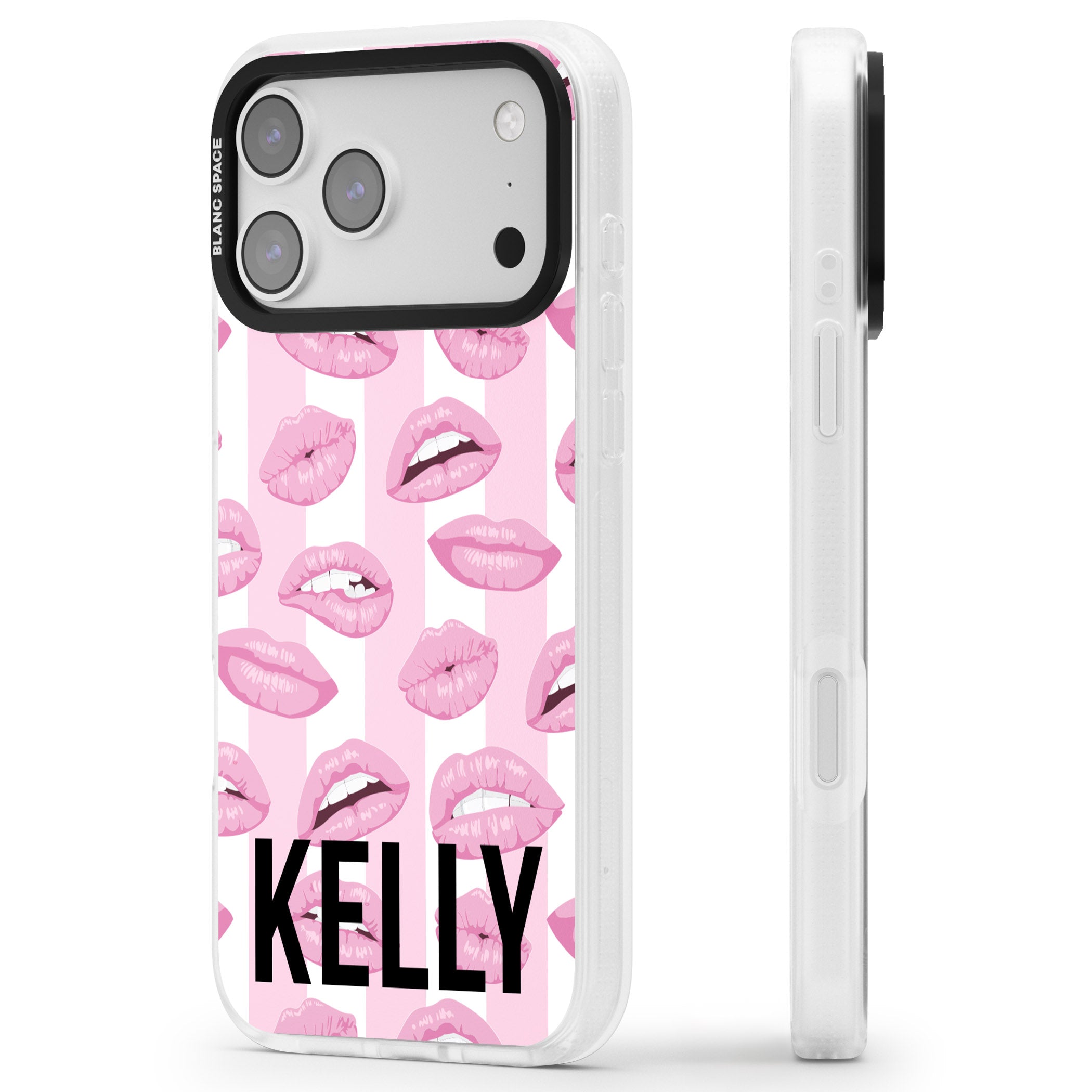 Personalised Pink Stripes & Lips iPhone 17 Pro Max Impact Air Clear Phone Case Side Profile