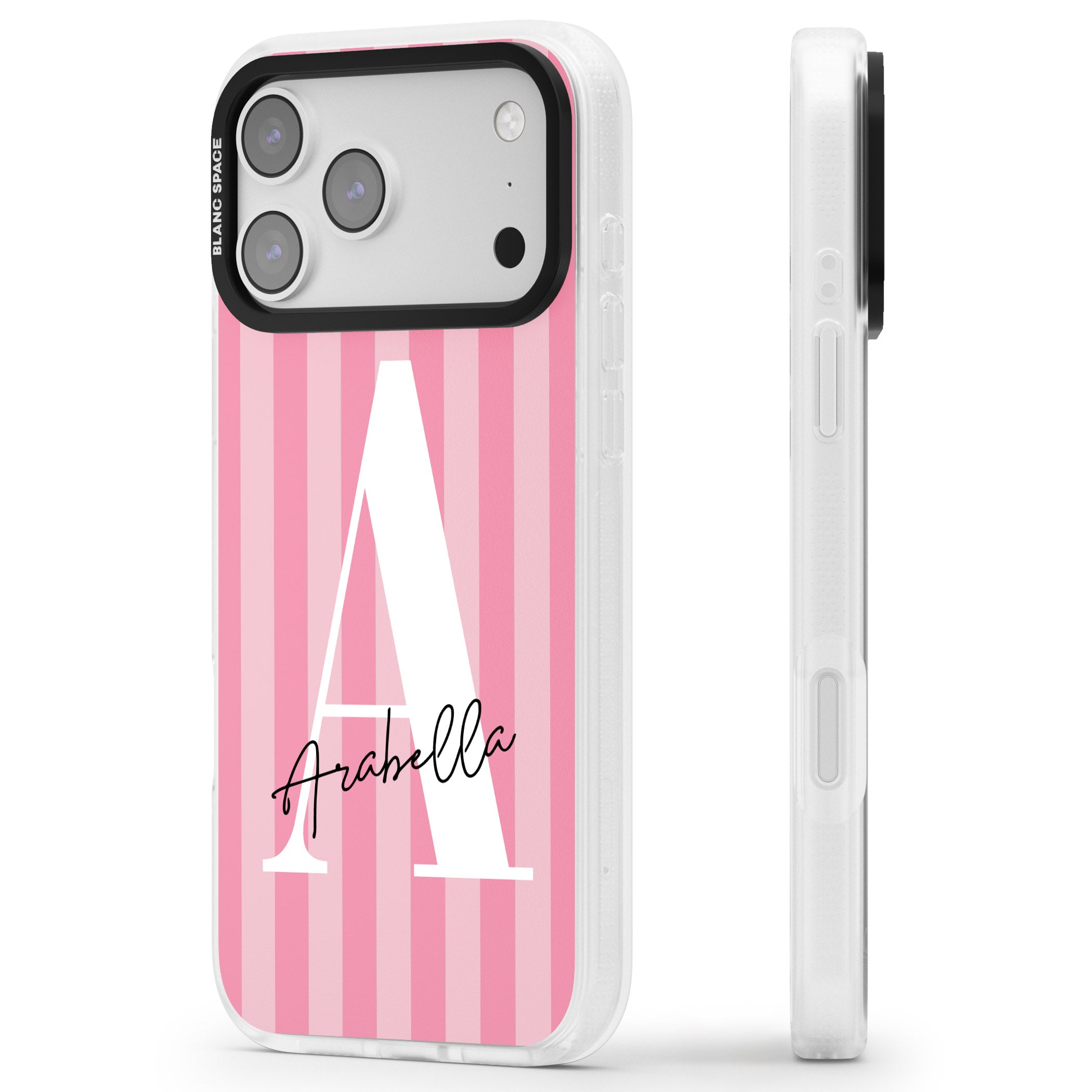 Personalised Pink Stripes Initial iPhone 17 Pro Max Impact Air Clear Phone Case Side Profile