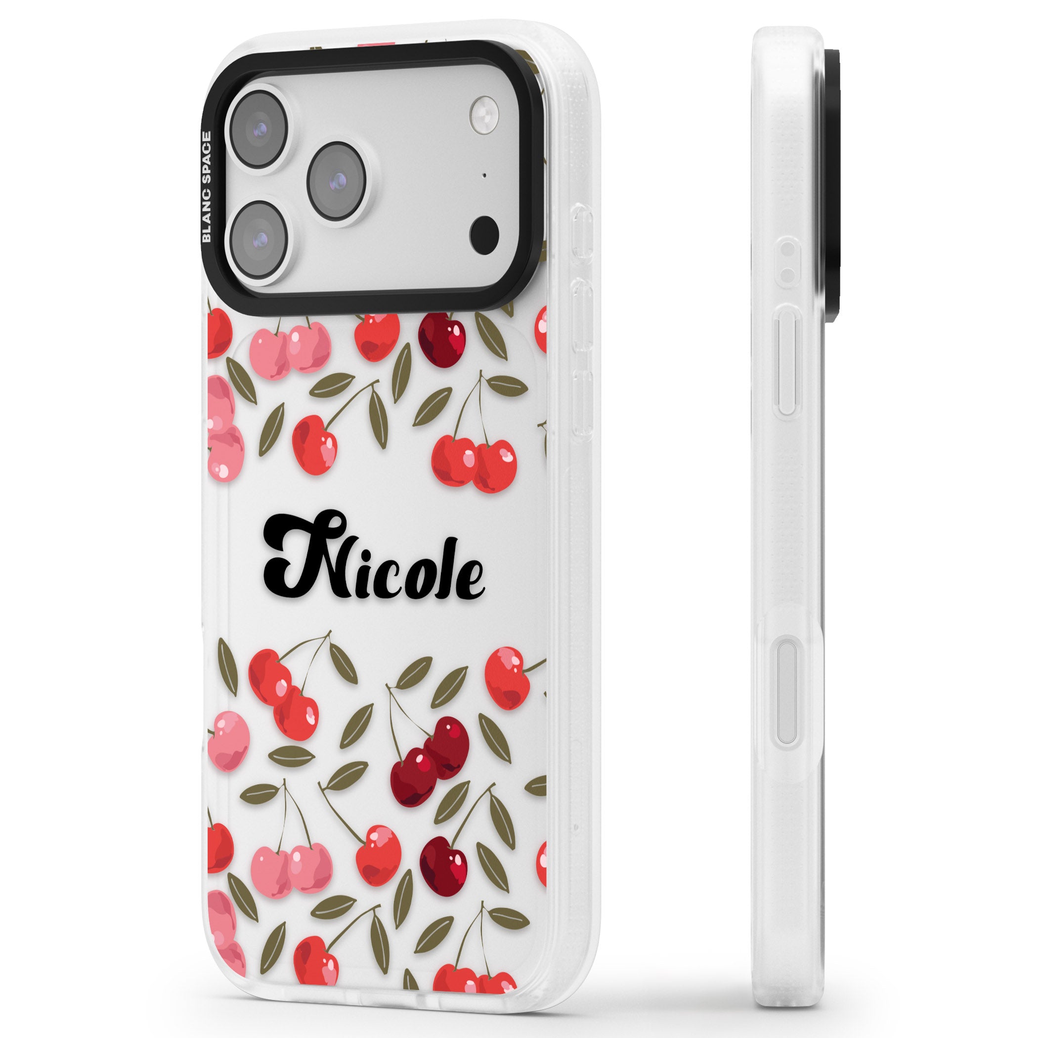 Personalised Cherry Pattern iPhone 17 Pro Impact Air Clear Phone Case Side Profile