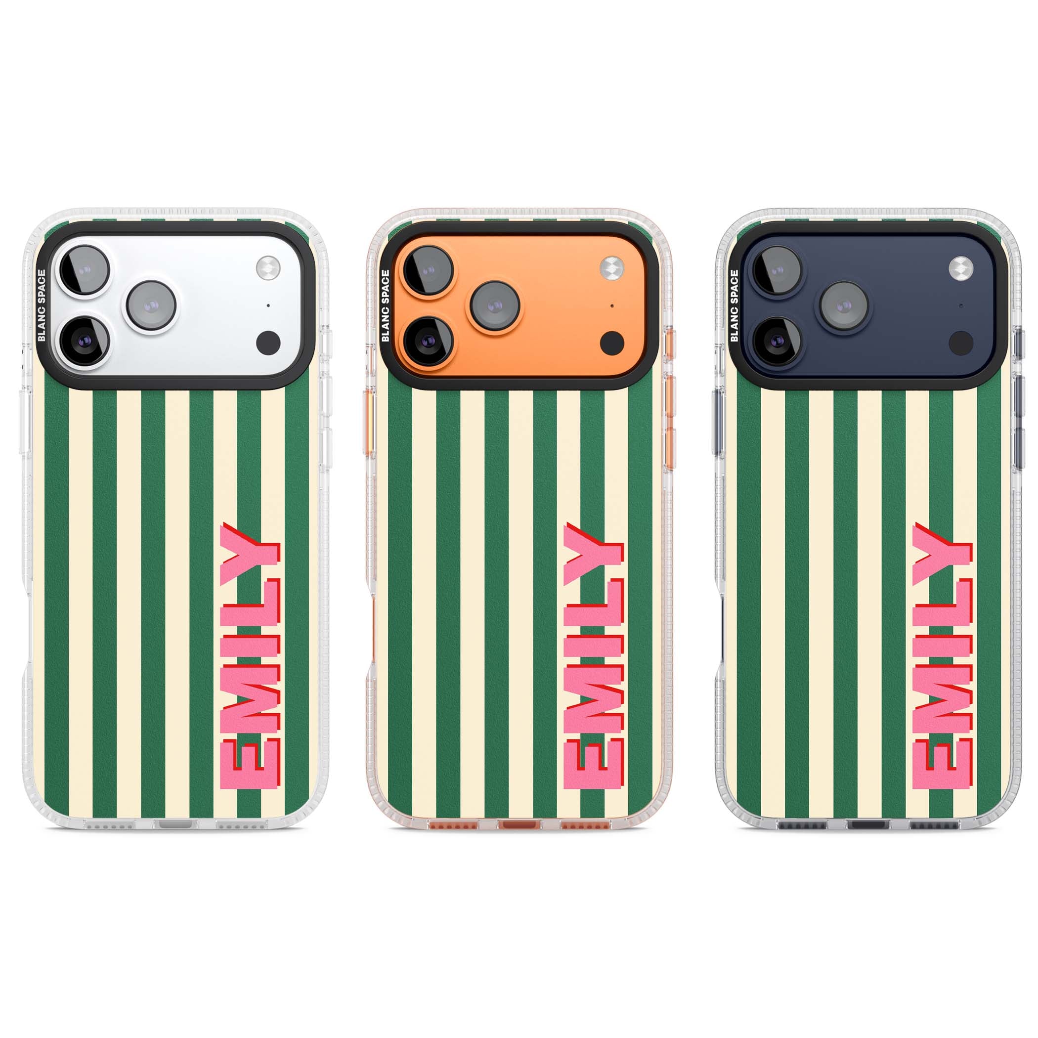 Wimbledon Stripe preppy iPhone case featuring green and cream vertical stripes with a personalised pink name | Clear Case Impact Air case for iPhone 17 Pro, iPhone 17 Pro Max
