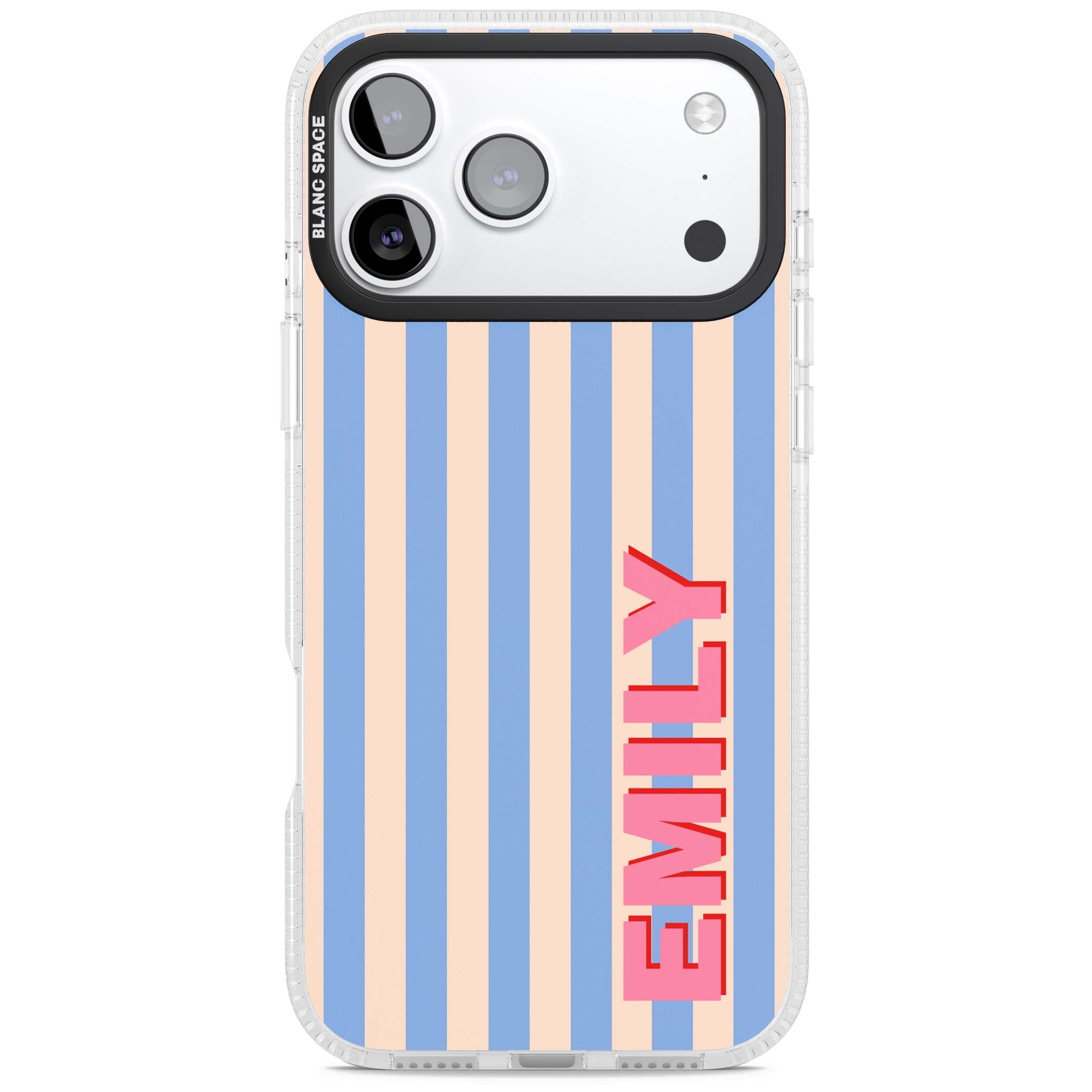 Coastal Stripe personalised coastal iPhone case with blue and peach vertical stripes and custom pink name | Clear Case Impact Air case for iPhone 17 Pro, iPhone 17 Pro Max